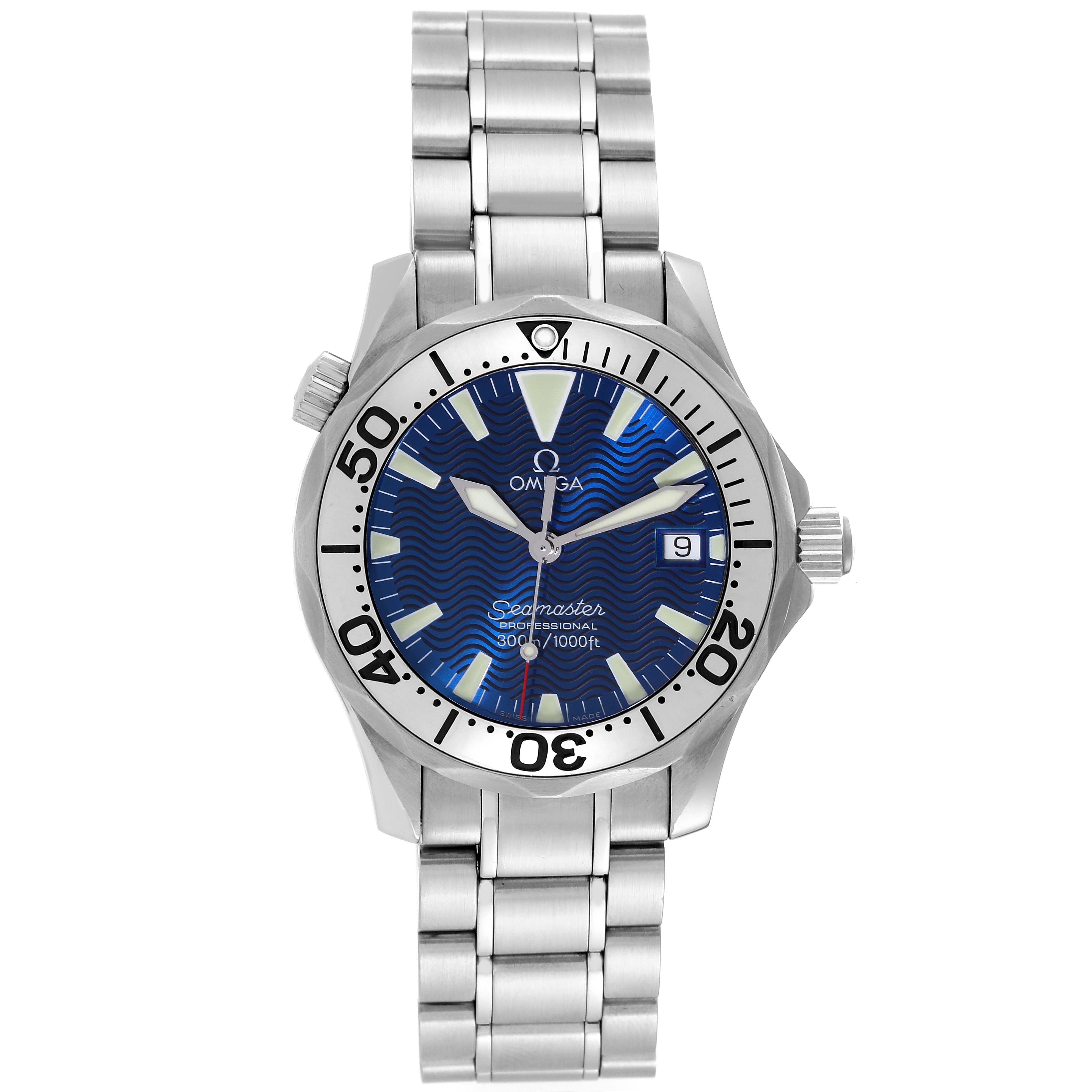 The Omega Seamaster 2263.80.00 Men
s Stainless Steel Blue Dial 2263.80.00 Men
s Stainless Steel Blue Dial watch is shown from a top-down angle, displaying the face, bezel, crown, and full bracelet.