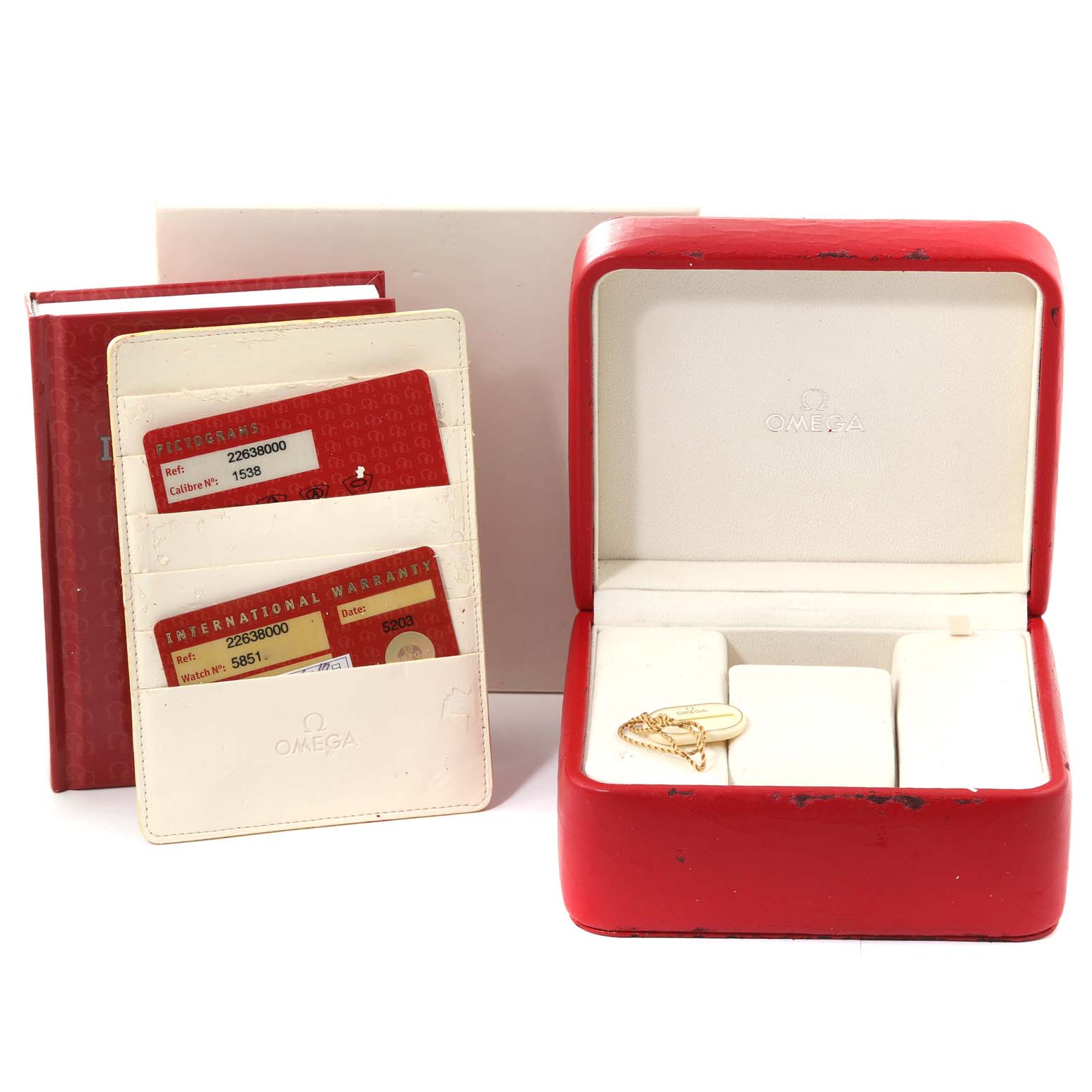 The image shows an Omega Seamaster 2263.80.00 Men
s Stainless Steel Blue Dial 2263.80.00 Men
s Stainless Steel Blue Dial watch box, warranty cards, and a red carrying case with a white interior.