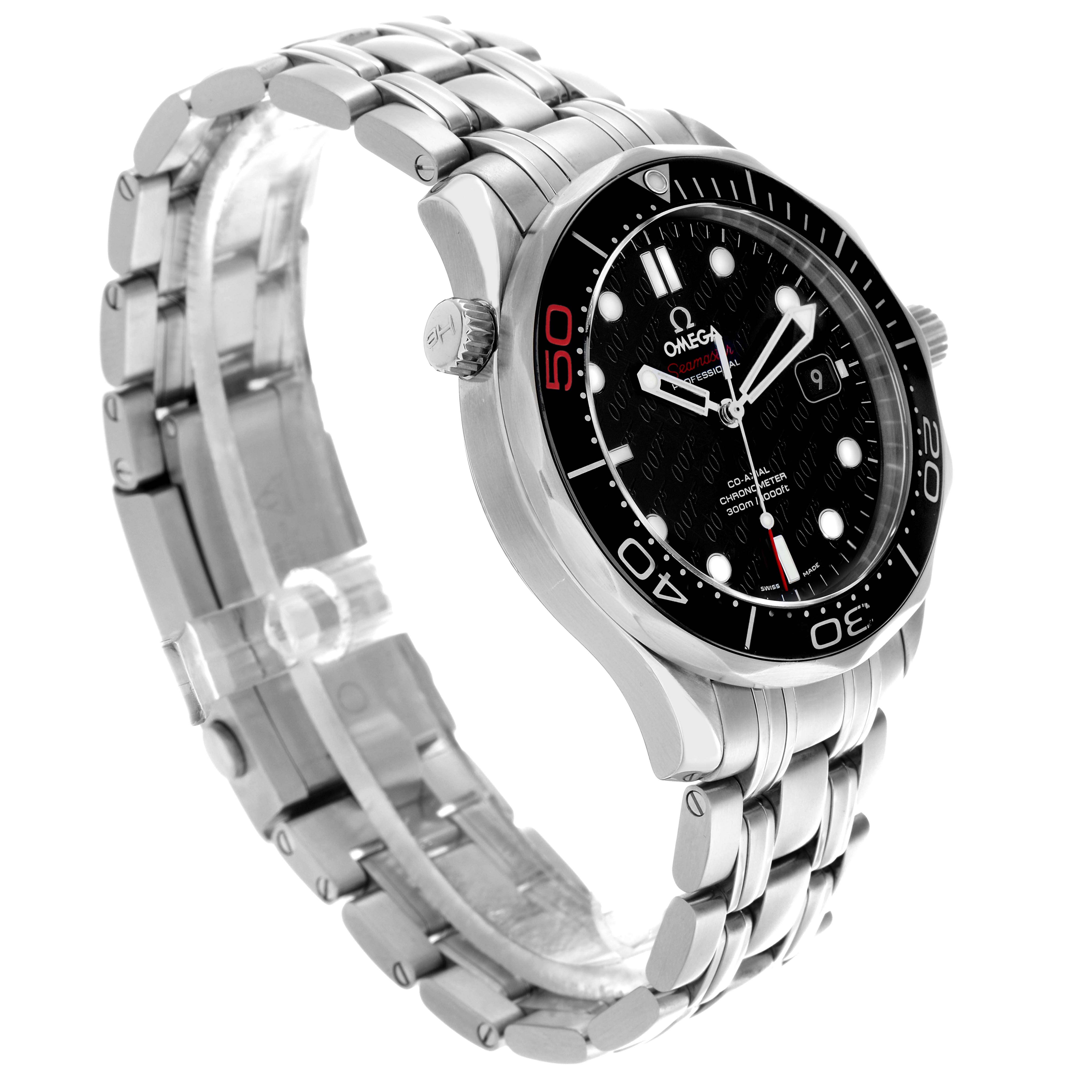 The Omega Seamaster 212.30.41.20.01.005 Men's Stainless Steel Black Dial 212.30.41.20.01.005 Men's Stainless Steel Black Dial watch is shown at a 3/4 angle displaying the bracelet, case, face, and bezel.