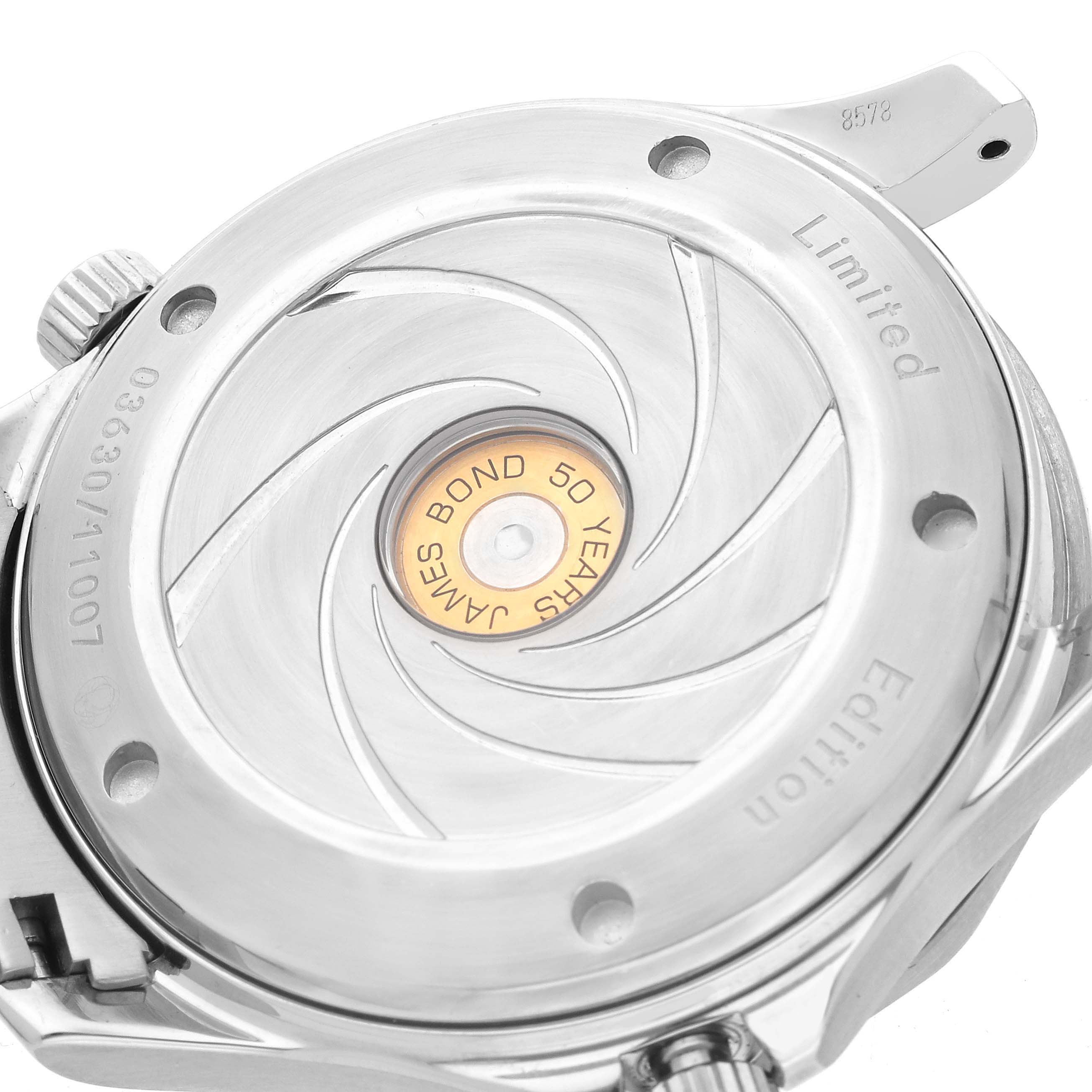 The image shows the case back of the Omega Seamaster 212.30.41.20.01.005 Men's Stainless Steel Black Dial 212.30.41.20.01.005 Men's Stainless Steel Black Dial, featuring a special "James Bond 50 Years" design.