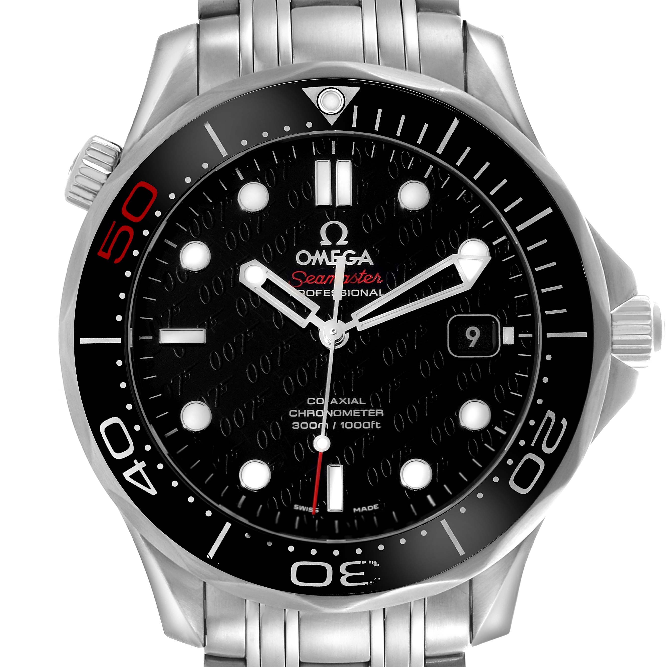 The Omega Seamaster 212.30.41.20.01.005 Men's Stainless Steel Black Dial 212.30.41.20.01.005 Men's Stainless Steel Black Dial watch is shown from the front, displaying the bezel, dial, hands, and metal bracelet.