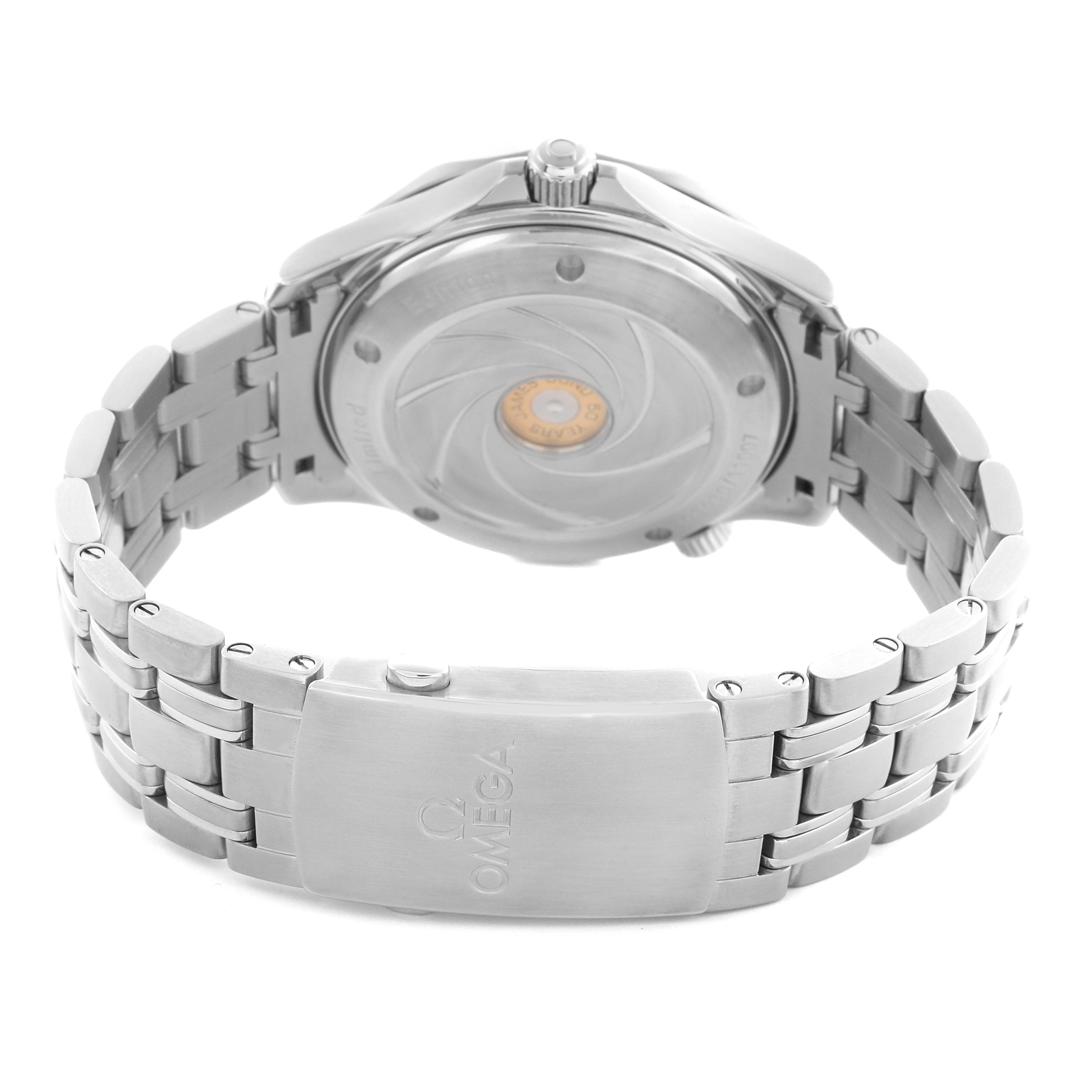 The image shows the back and bracelet of an Omega Seamaster 212.30.41.20.01.005 Men's Stainless Steel Black Dial 212.30.41.20.01.005 Men's Stainless Steel Black Dial watch, highlighting the clasp and case back design.