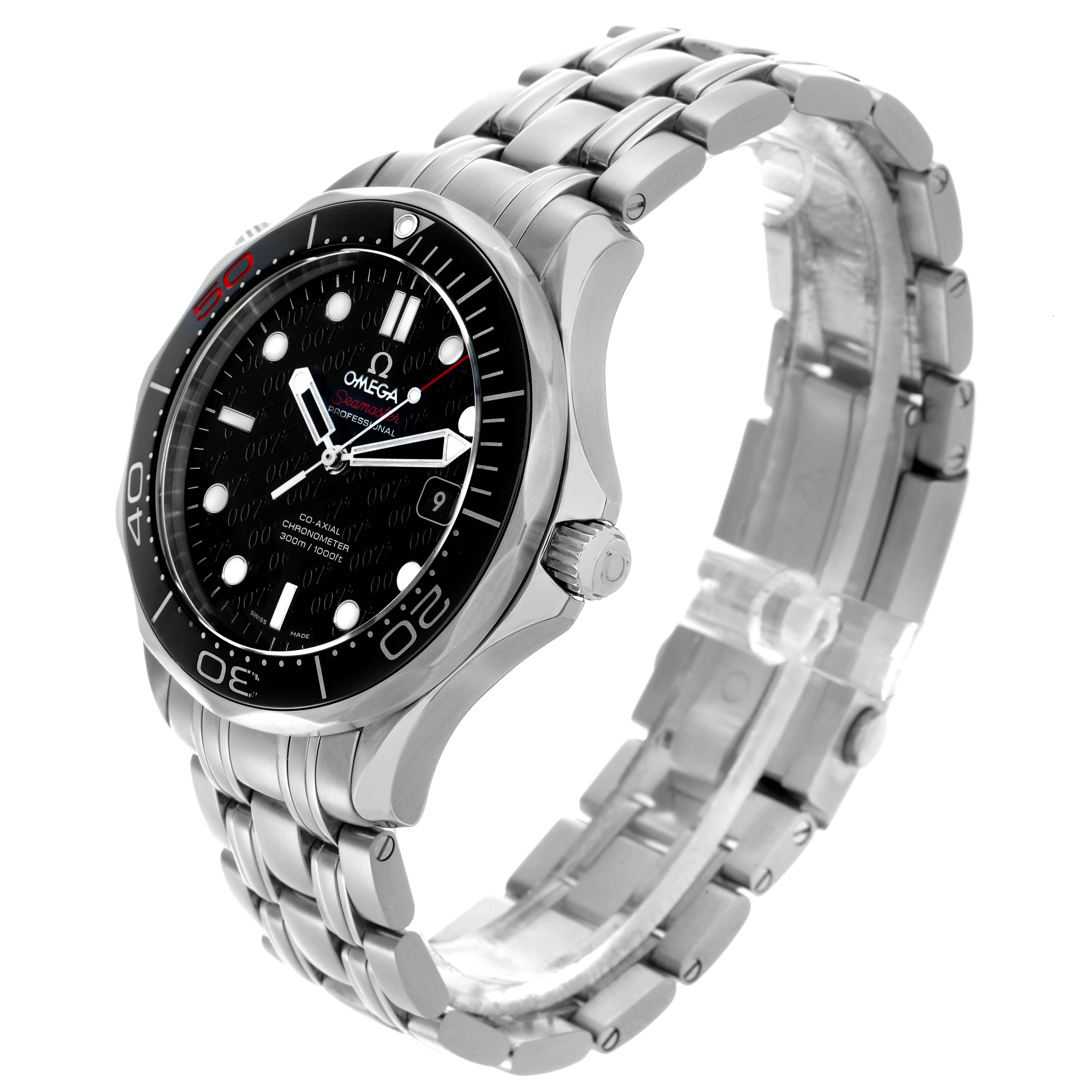 The Omega Seamaster 212.30.41.20.01.005 Men's Stainless Steel Black Dial 212.30.41.20.01.005 Men's Stainless Steel Black Dial watch is shown at an angle highlighting the face, bezel, crown, and metal bracelet.