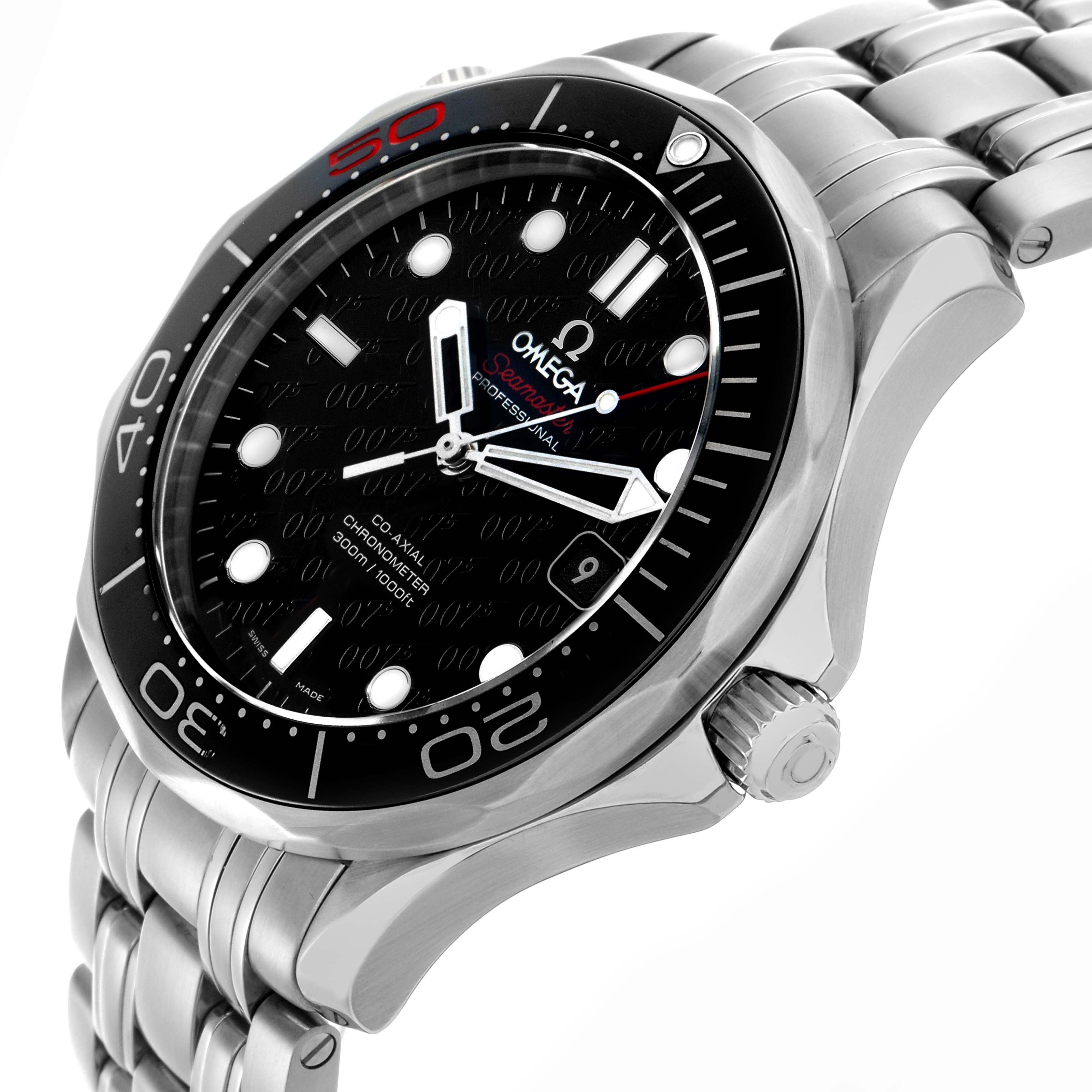 The Omega Seamaster 212.30.41.20.01.005 Men's Stainless Steel Black Dial 212.30.41.20.01.005 Men's Stainless Steel Black Dial watch is shown from an angle highlighting the bezel, dial, and bracelet.