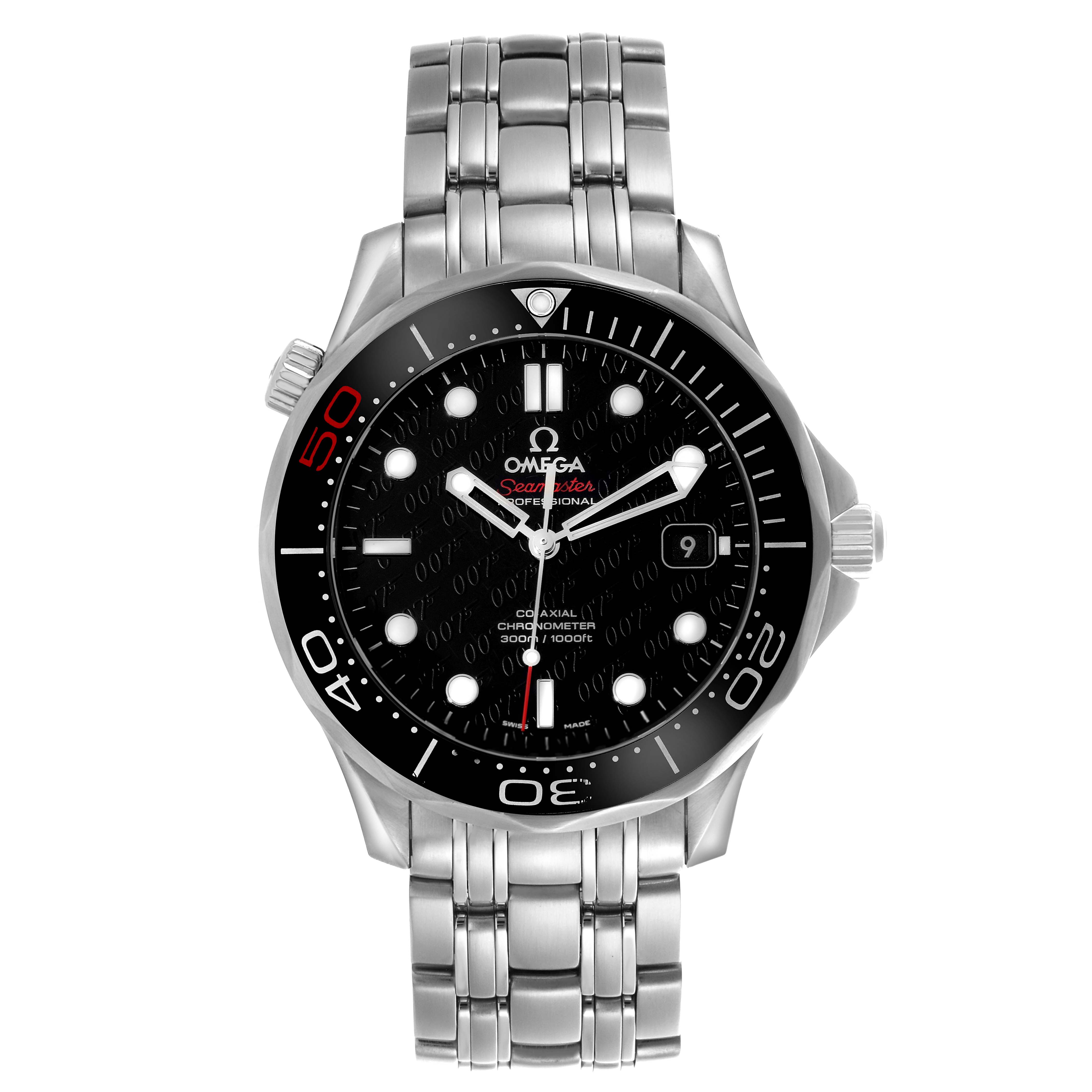 The Omega Seamaster 212.30.41.20.01.005 Men's Stainless Steel Black Dial 212.30.41.20.01.005 Men's Stainless Steel Black Dial watch is shown from a front angle, displaying the dial, bezel, crown, and metal bracelet.