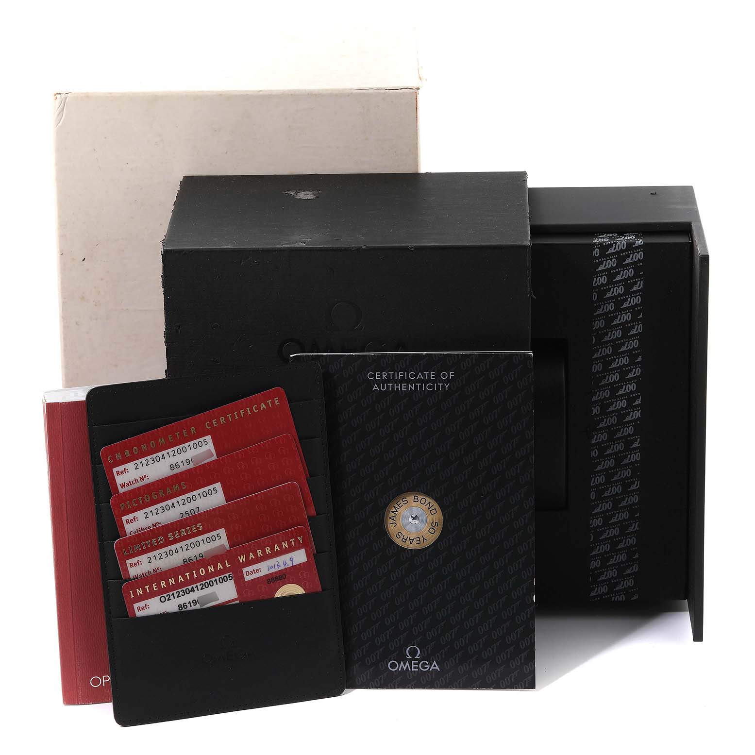 The image shows packaging, warranty cards, and certificates for the Omega Seamaster 212.30.41.20.01.005 Men's Stainless Steel Black Dial 212.30.41.20.01.005 Men's Stainless Steel Black Dial watch model.