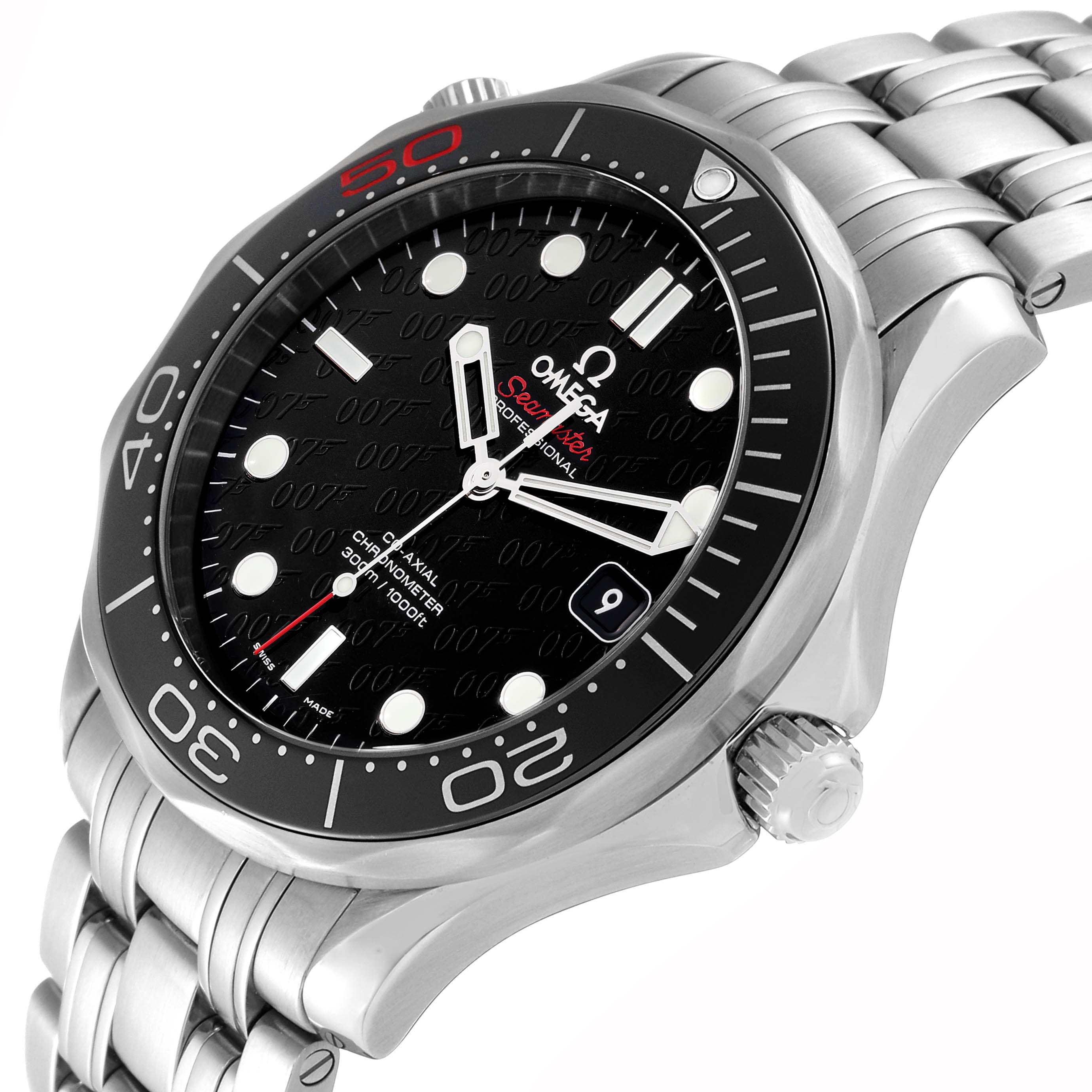 The image shows a side-angle view of the Omega Seamaster 212.30.41.20.01.005 Men's Stainless Steel Black Dial 212.30.41.20.01.005 Men's Stainless Steel Black Dial watch, highlighting the bezel, dial, crown, and stainless steel bracelet.