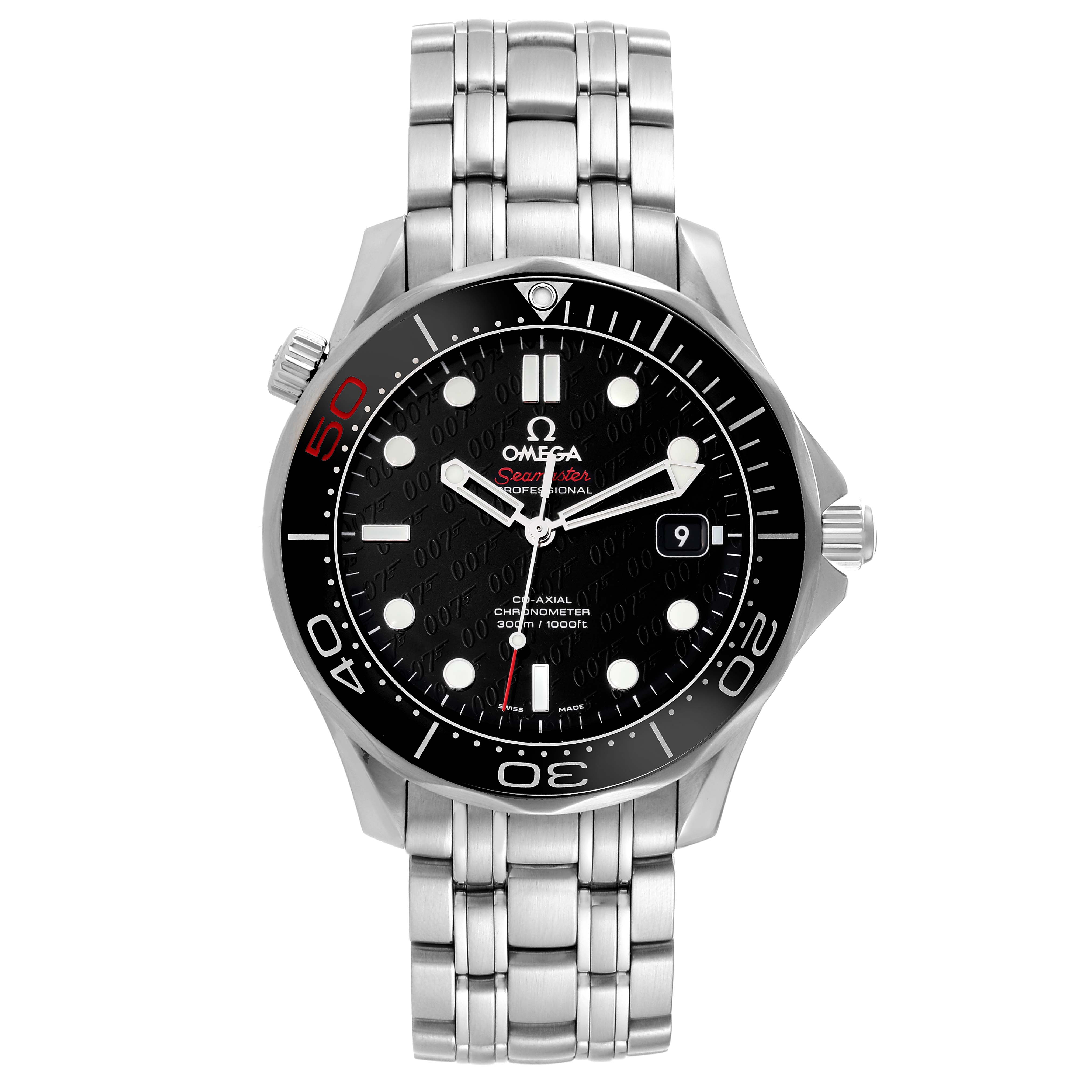 The image shows a frontal view of the Omega Seamaster 212.30.41.20.01.005 Men's Stainless Steel Black Dial 212.30.41.20.01.005 Men's Stainless Steel Black Dial watch, highlighting the dial, bezel, and bracelet.