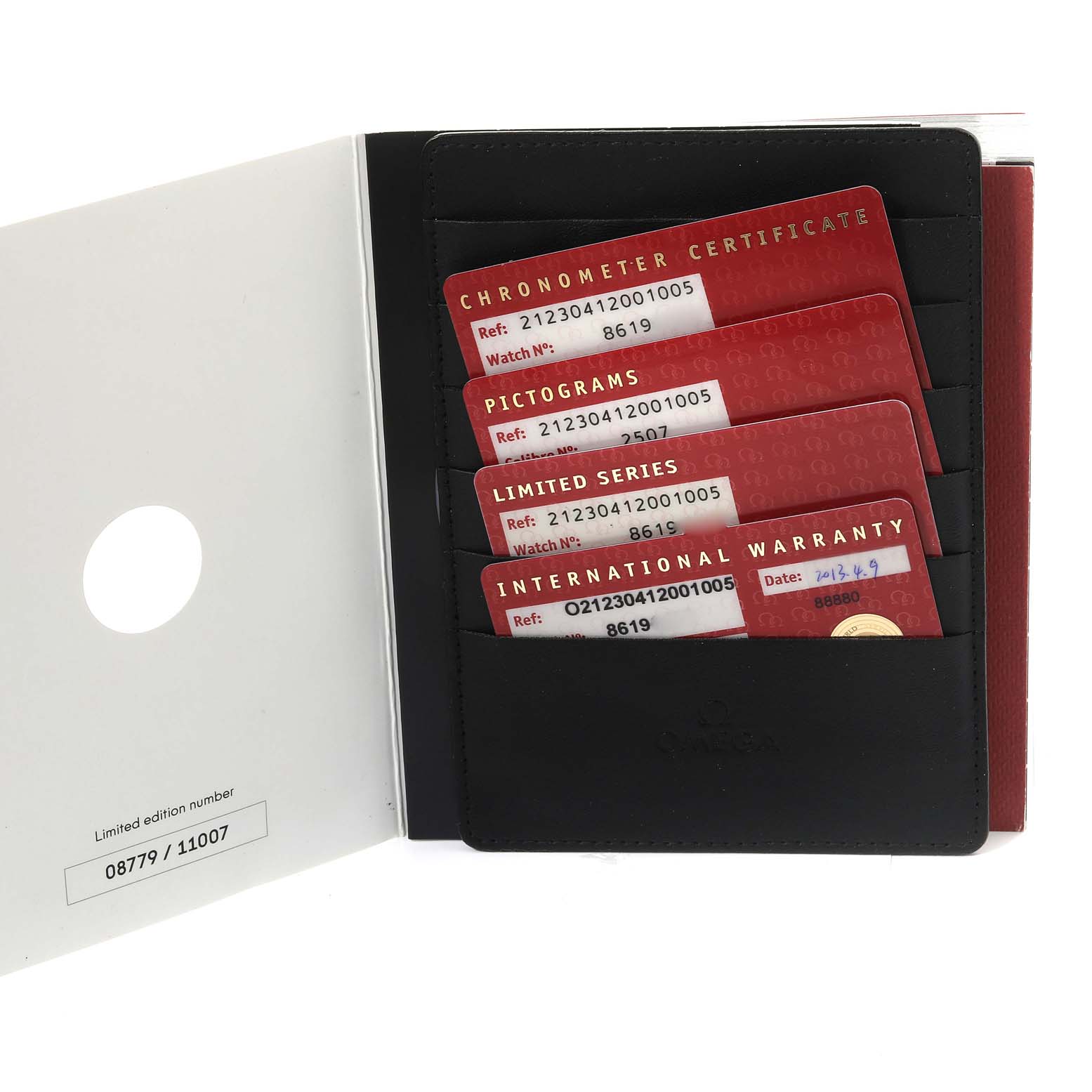 This image shows a cardholder with four red cards, including a Chronometer Certificate and International Warranty for the Omega Seamaster 212.30.41.20.01.005 Men's Stainless Steel Black Dial 212.30.41.20.01.005 Men's Stainless Steel Black Dial model.