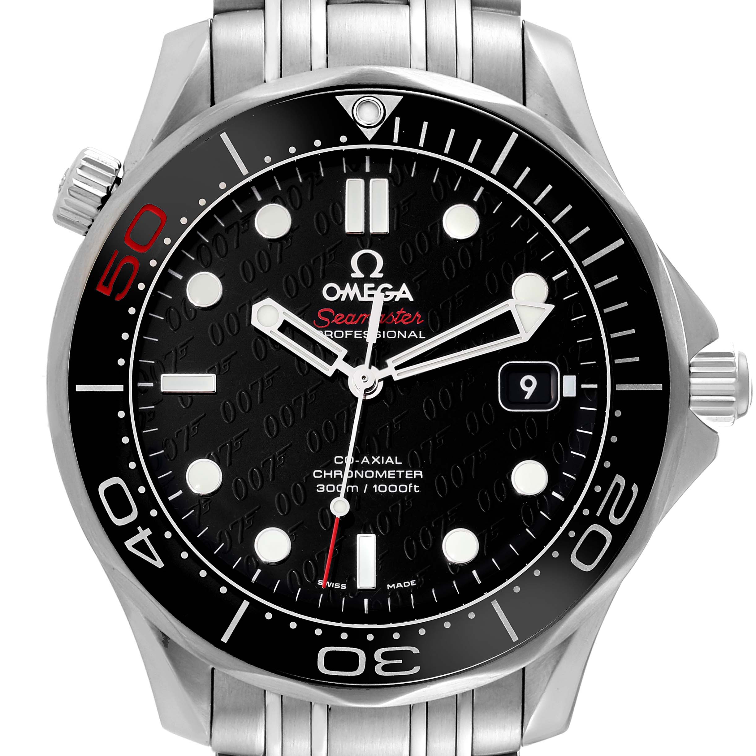 The image shows a front-facing view of the Omega Seamaster 212.30.41.20.01.005 Men's Stainless Steel Black Dial 212.30.41.20.01.005 Men's Stainless Steel Black Dial watch, depicting its bezel, dial, hands, crown, and bracelet.