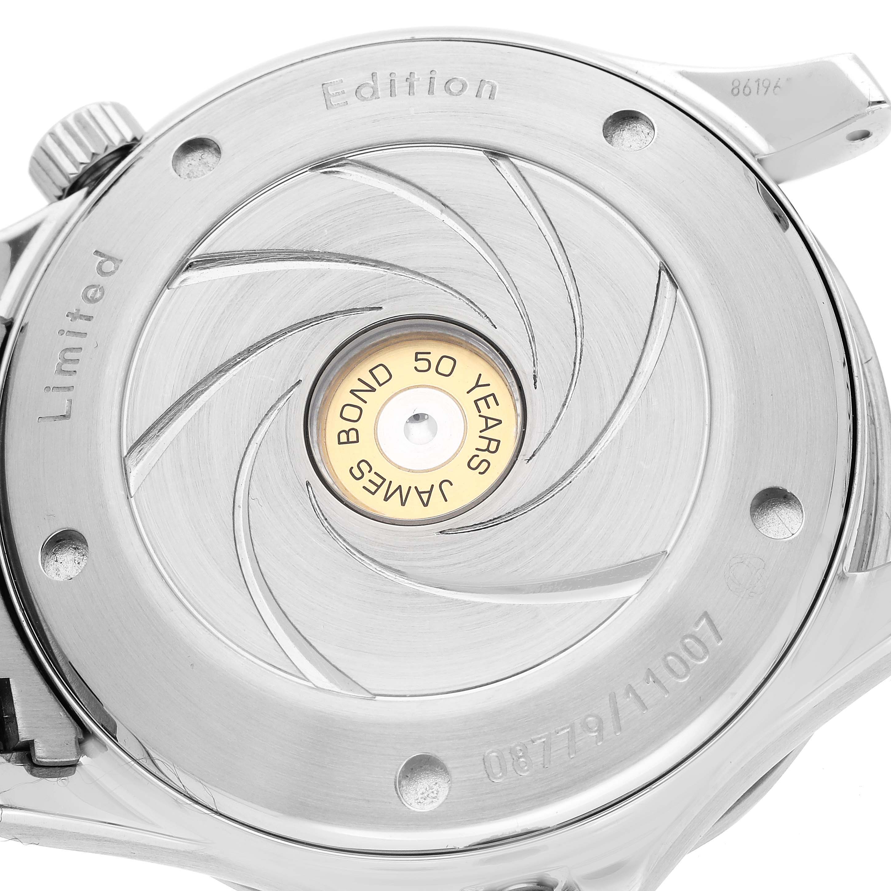 This image shows the back case of an Omega Seamaster 212.30.41.20.01.005 Men's Stainless Steel Black Dial 212.30.41.20.01.005 Men's Stainless Steel Black Dial watch, featuring a "James Bond 50 Years" edition engraving.