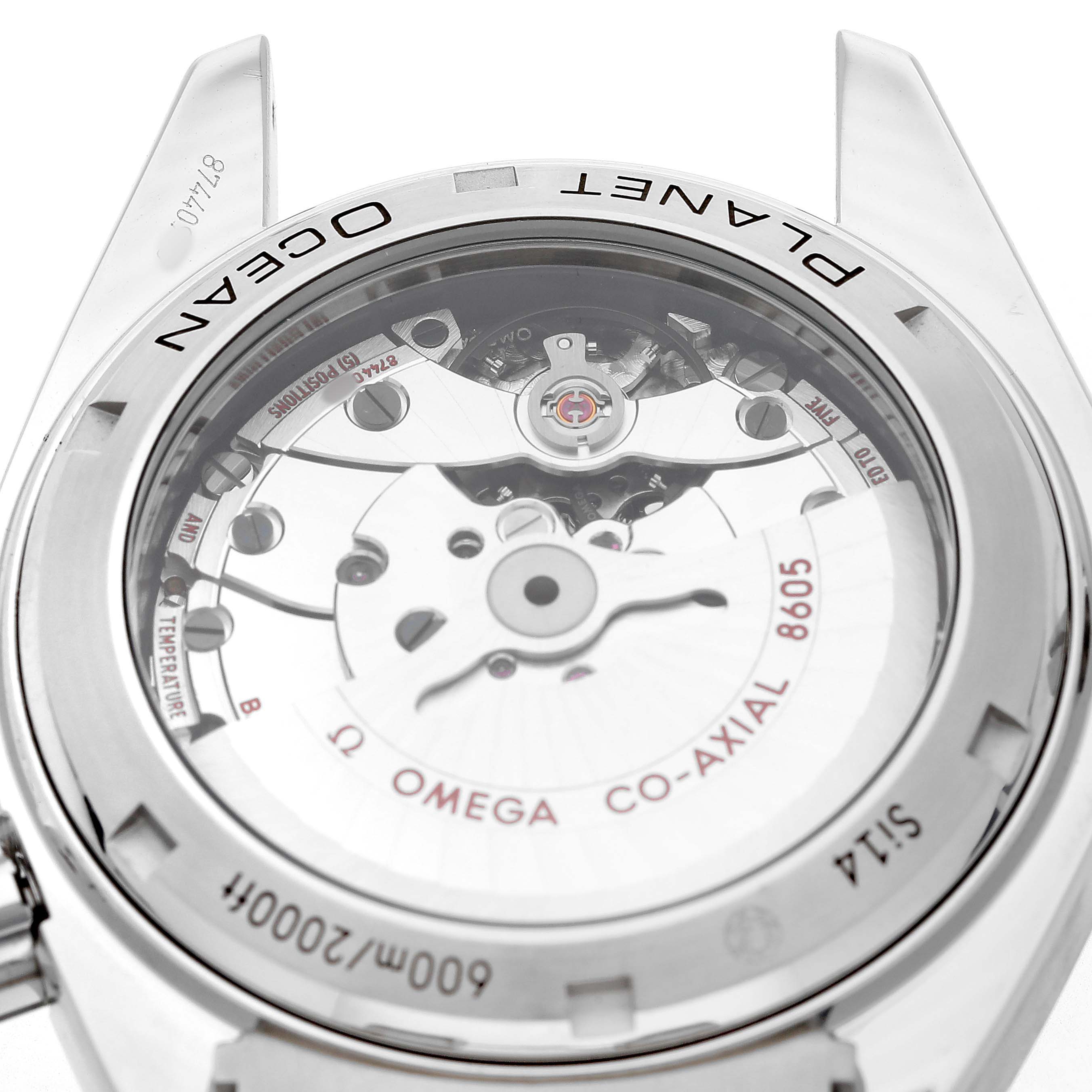 The image shows the back of the Omega Planet Ocean 232.30.44.22.01.001 Men's Stainless Steel Black Dial watch, highlighting its Co-Axial movement and transparent case back.