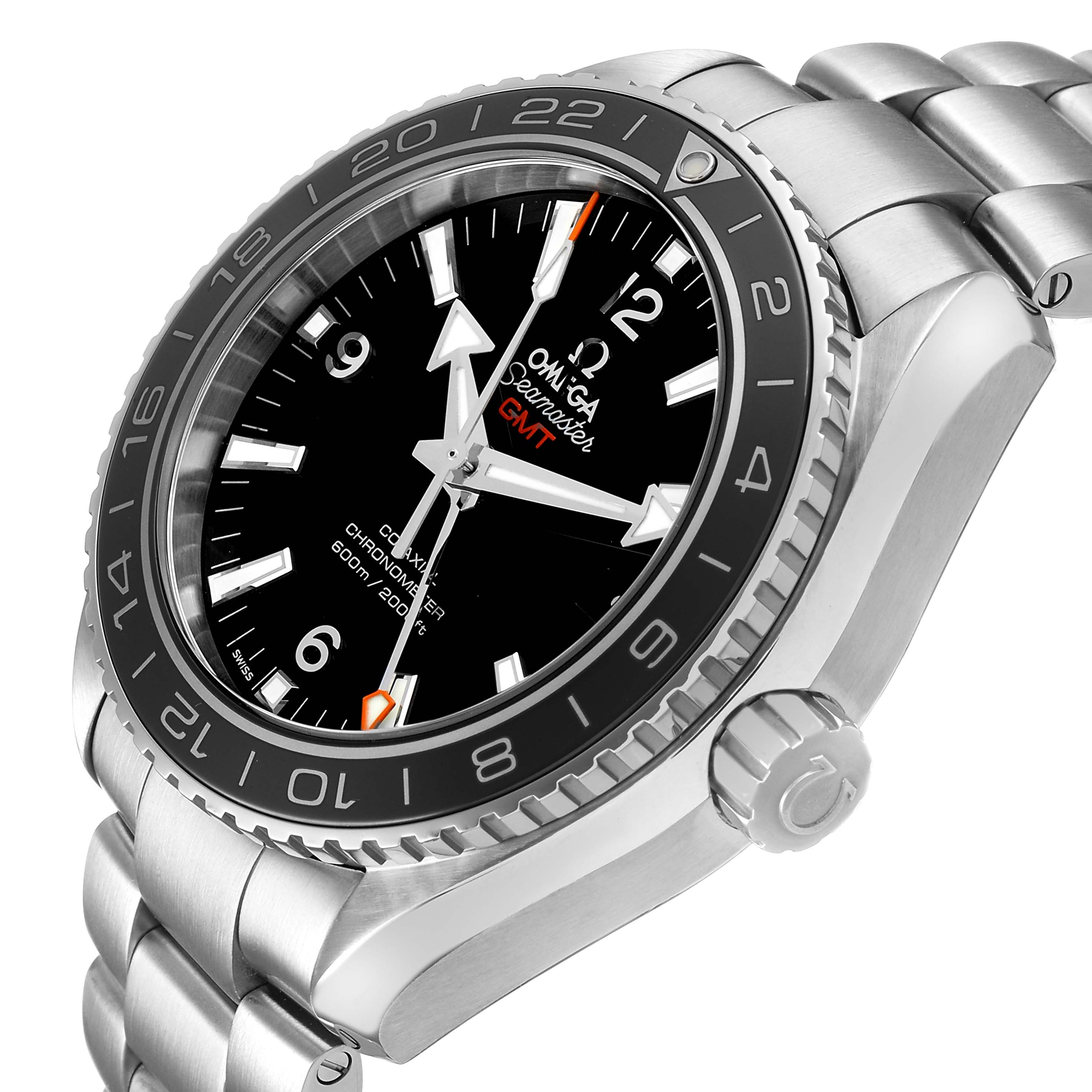 The Omega Planet Ocean 232.30.44.22.01.001 Men's Stainless Steel Black Dial watch is shown at an angled view highlighting the dial, bezel, and bracelet.