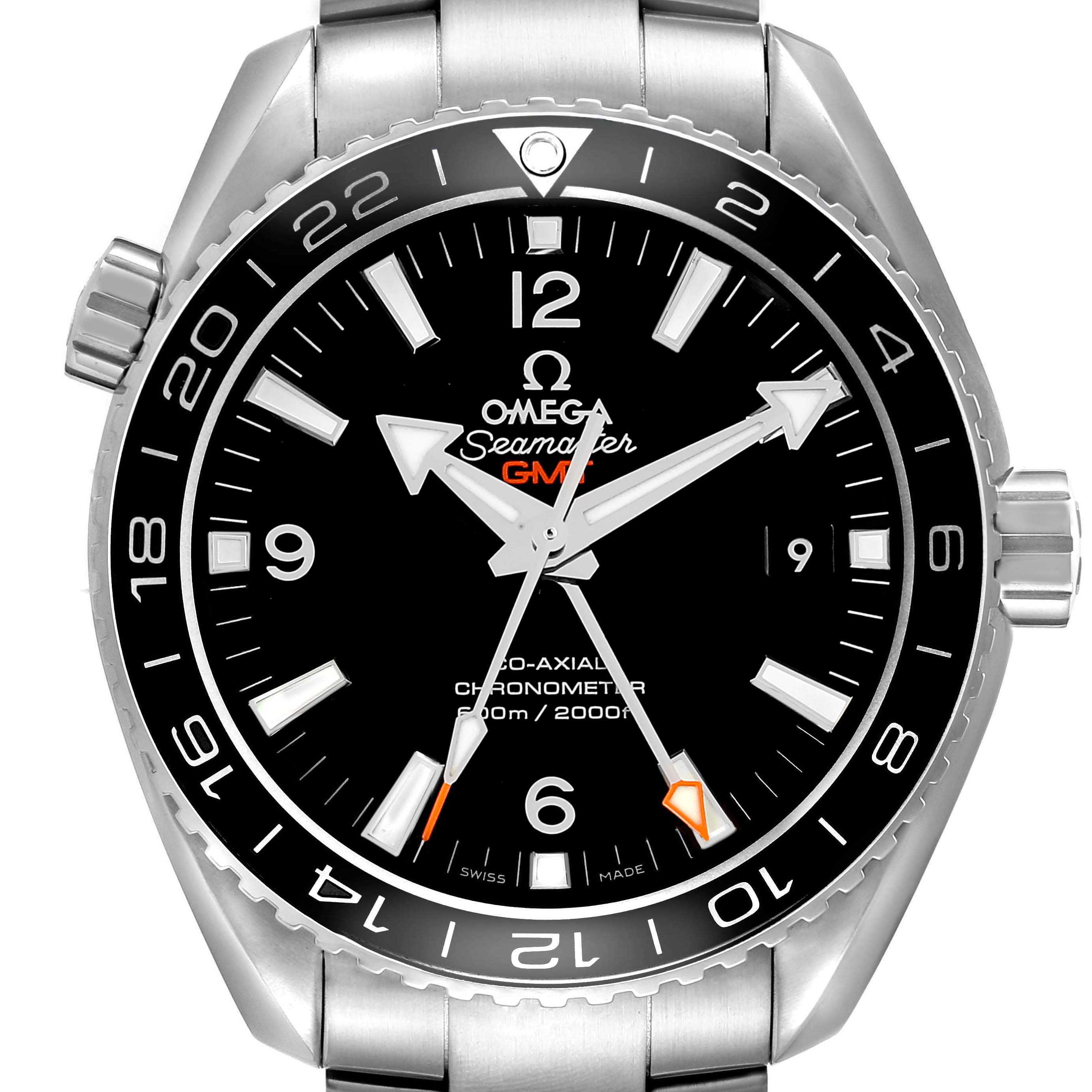 The Omega Planet Ocean 232.30.44.22.01.001 Men's Stainless Steel Black Dial watch is shown front-on, displaying its dial, bezel, and stainless steel bracelet.