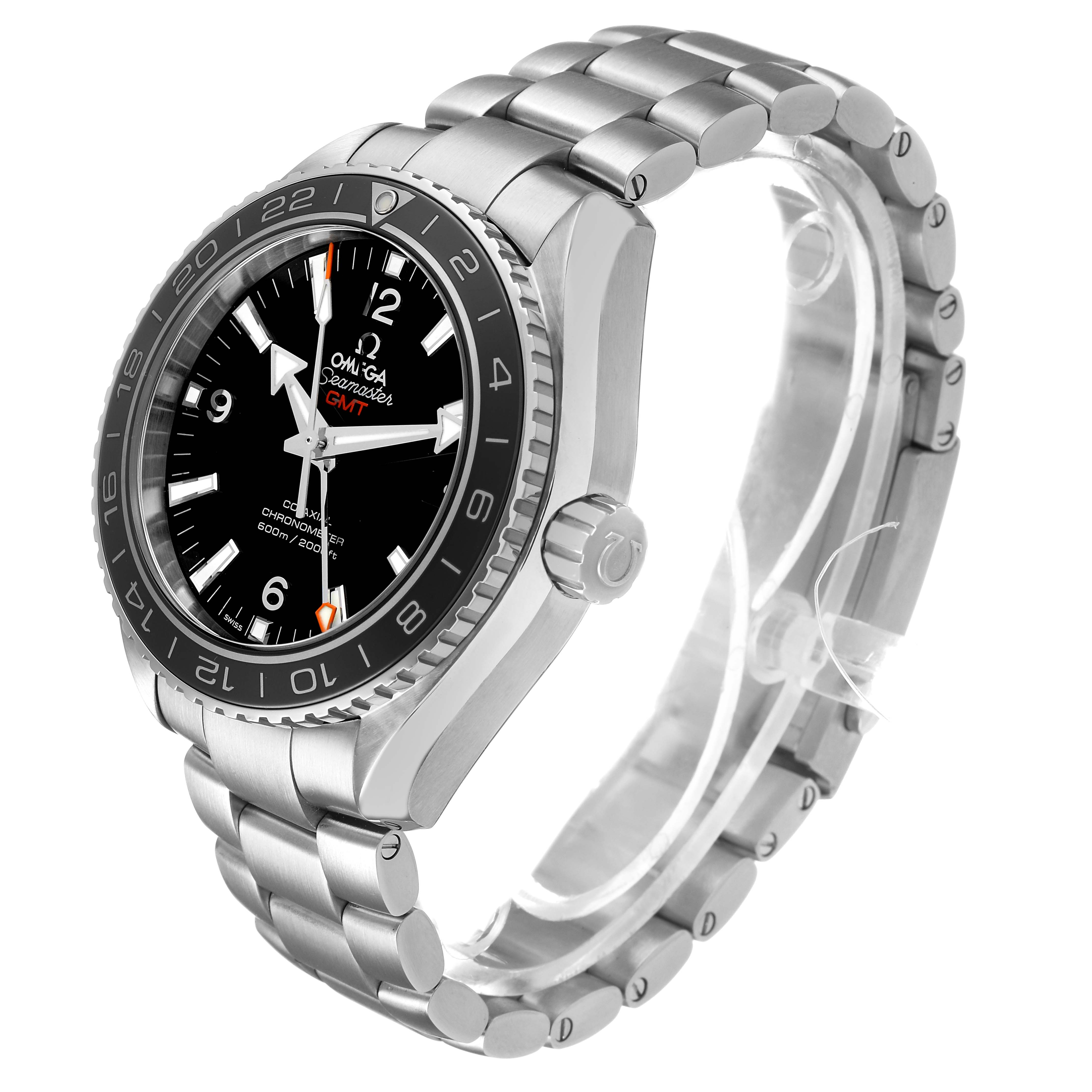 The Omega Planet Ocean 232.30.44.22.01.001 Men's Stainless Steel Black Dial watch is shown at an angle highlighting the bezel, dial, crown, and bracelet.