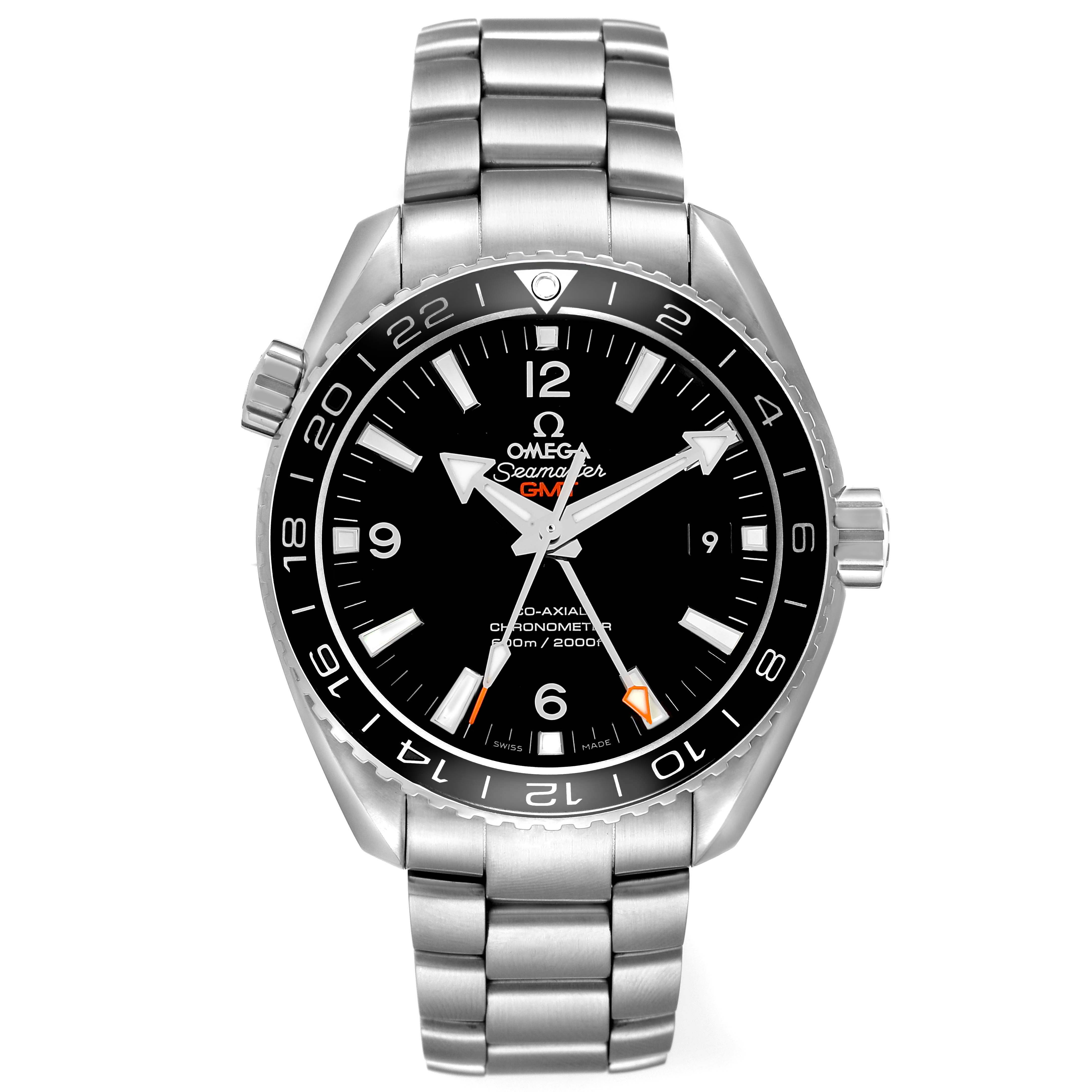The Omega Planet Ocean 232.30.44.22.01.001 Men's Stainless Steel Black Dial watch is shown from the front, displaying its dial, bezel, and bracelet.