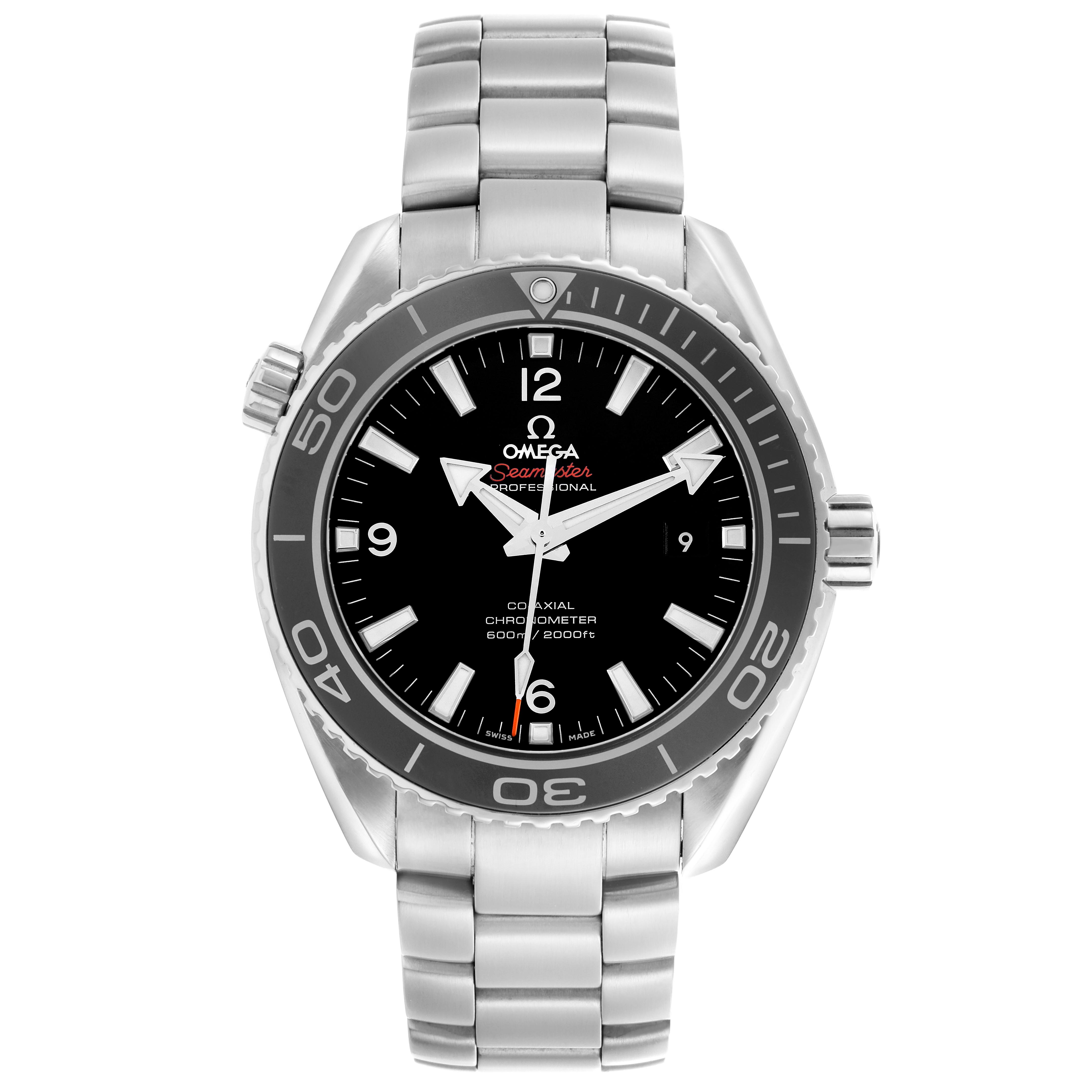 The Omega Planet Ocean 232.30.46.21.01.001 Men's Stainless Steel Black Dial 232.30.46.21.01.001 Men's Stainless Steel Black Dial watch is shown from a front angle, displaying its face and metal bracelet.