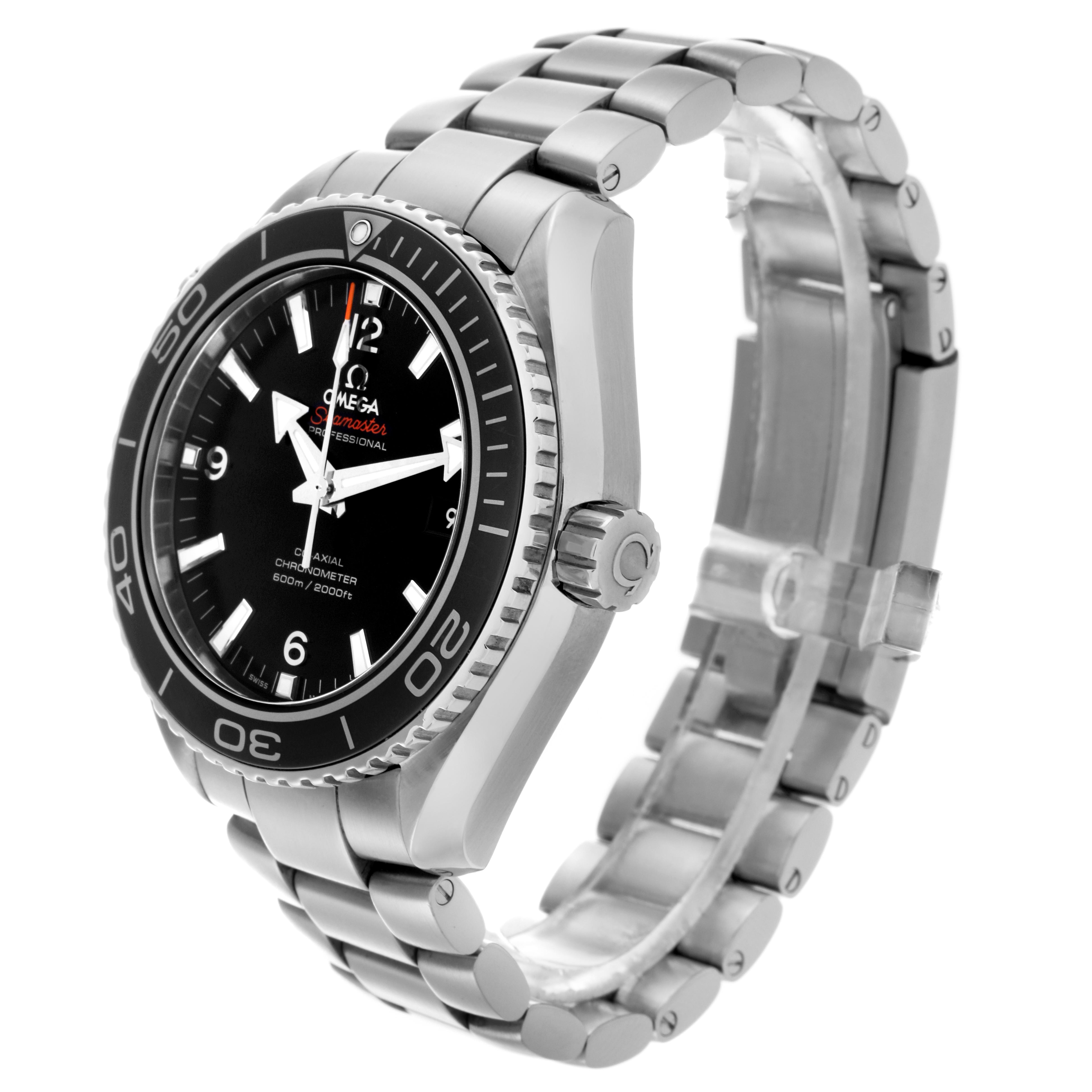 The Omega Planet Ocean 232.30.46.21.01.001 Men's Stainless Steel Black Dial 232.30.46.21.01.001 Men's Stainless Steel Black Dial watch is shown at a side angle, highlighting its bezel, crown, and bracelet.