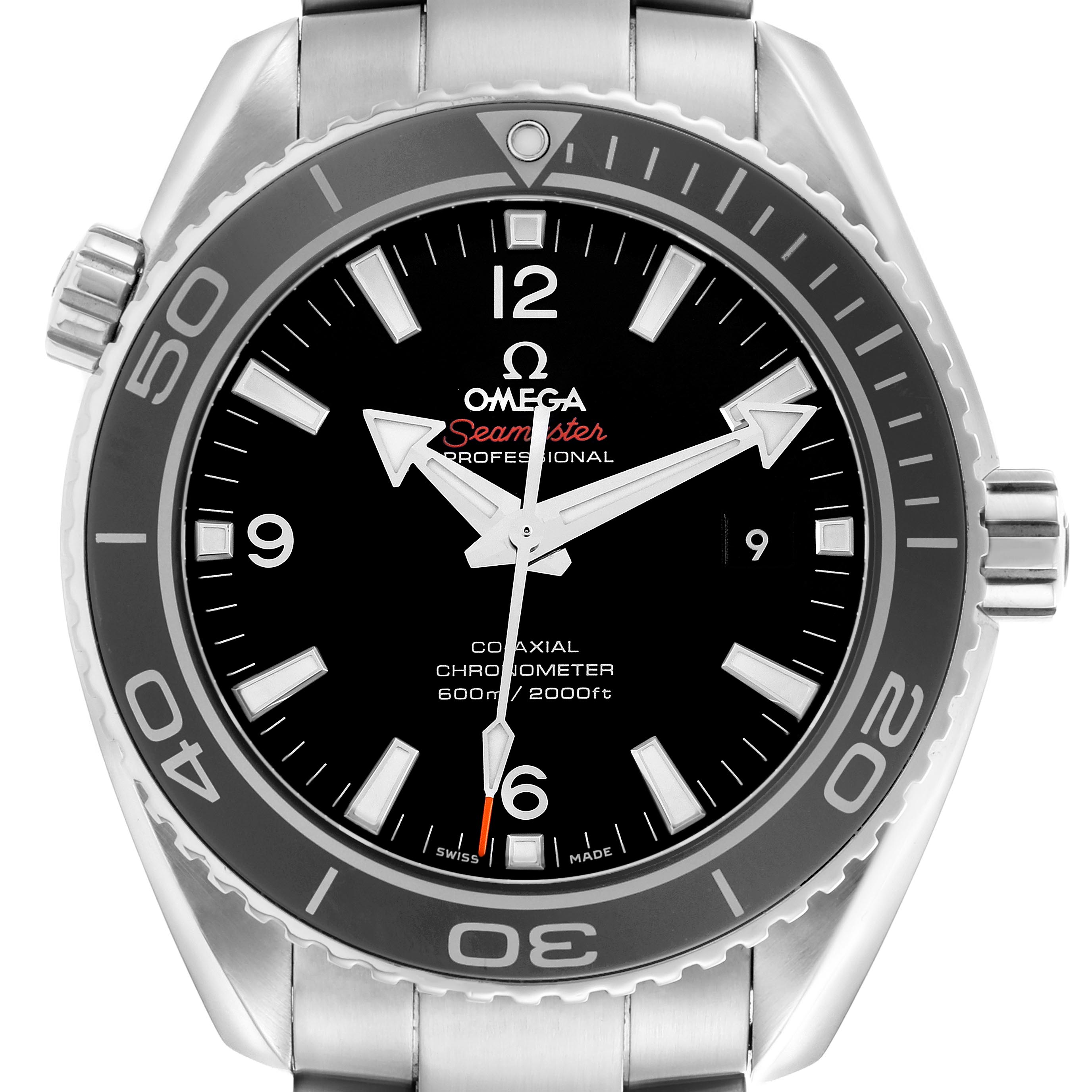 The Omega Planet Ocean 232.30.46.21.01.001 Men's Stainless Steel Black Dial 232.30.46.21.01.001 Men's Stainless Steel Black Dial watch is shown from a frontal angle, highlighting its dial, bezel, and crown.