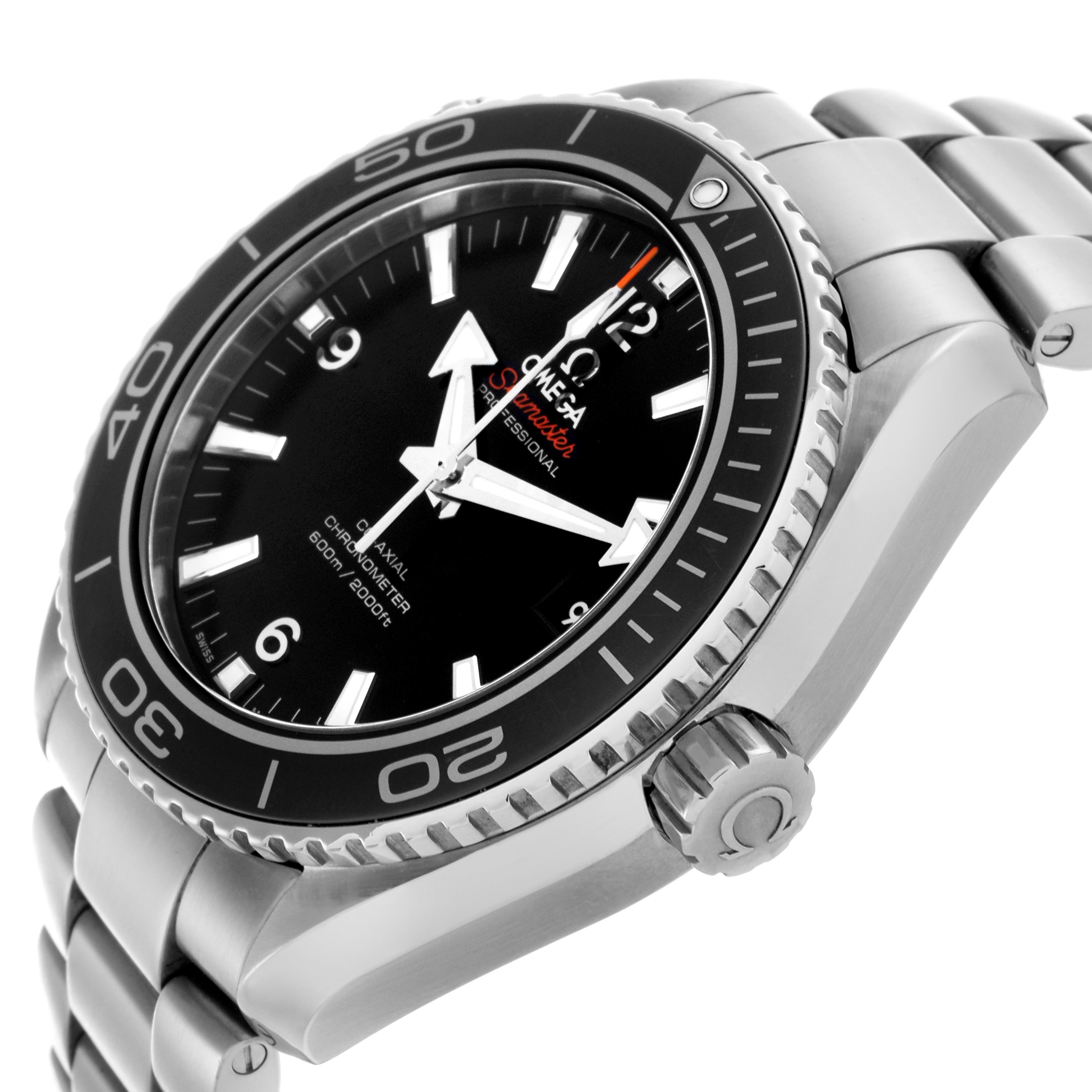 The Omega Planet Ocean 232.30.46.21.01.001 Men's Stainless Steel Black Dial 232.30.46.21.01.001 Men's Stainless Steel Black Dial watch is shown at an angle highlighting the bezel, dial, crown, and part of the bracelet.