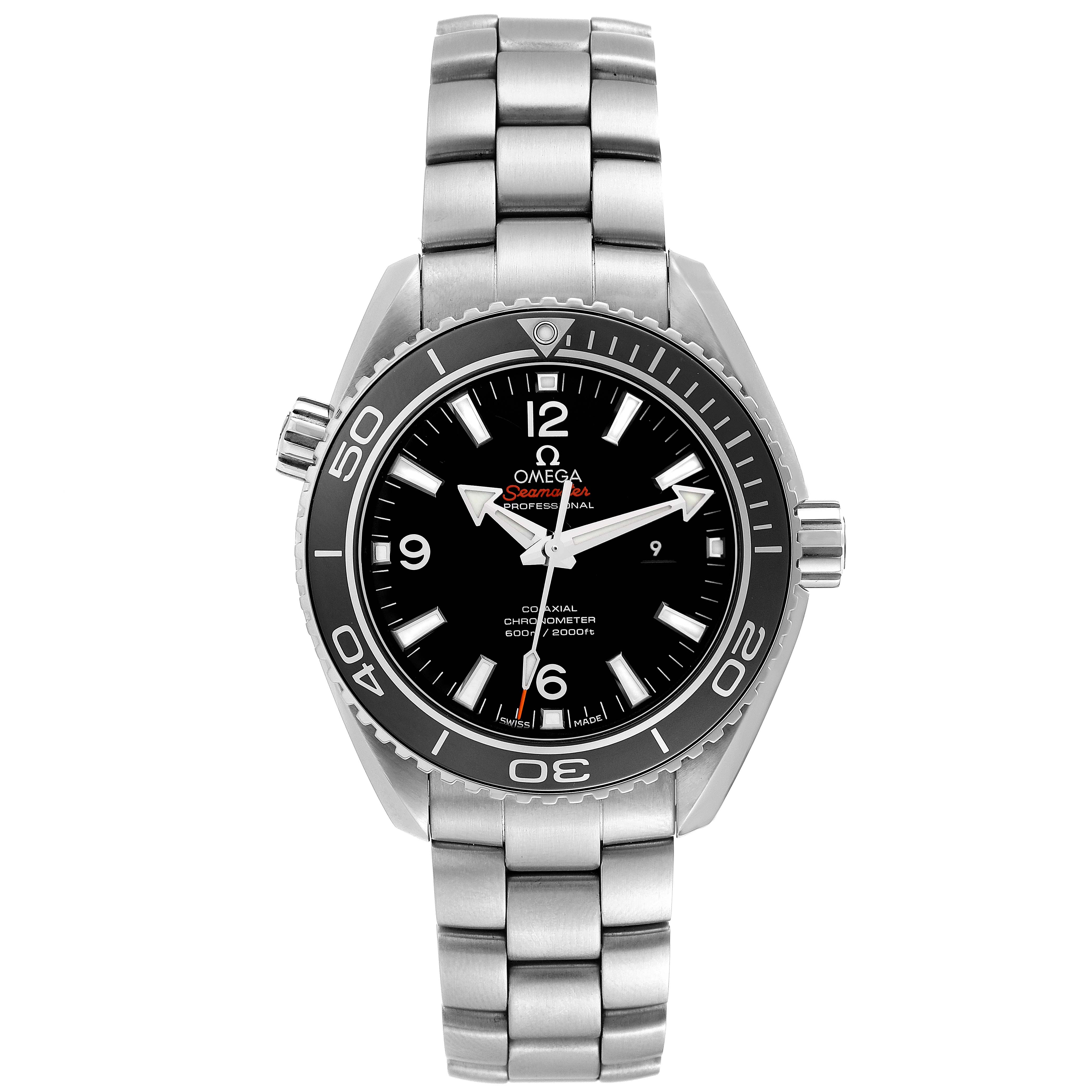 This is a front view of the Omega Planet Ocean 232.30.38.20.01.001 Men
s Stainless Steel Black Dial 232.30.38.20.01.001 Men
s Stainless Steel Black Dial watch, displaying the dial, bezel, case, and bracelet.