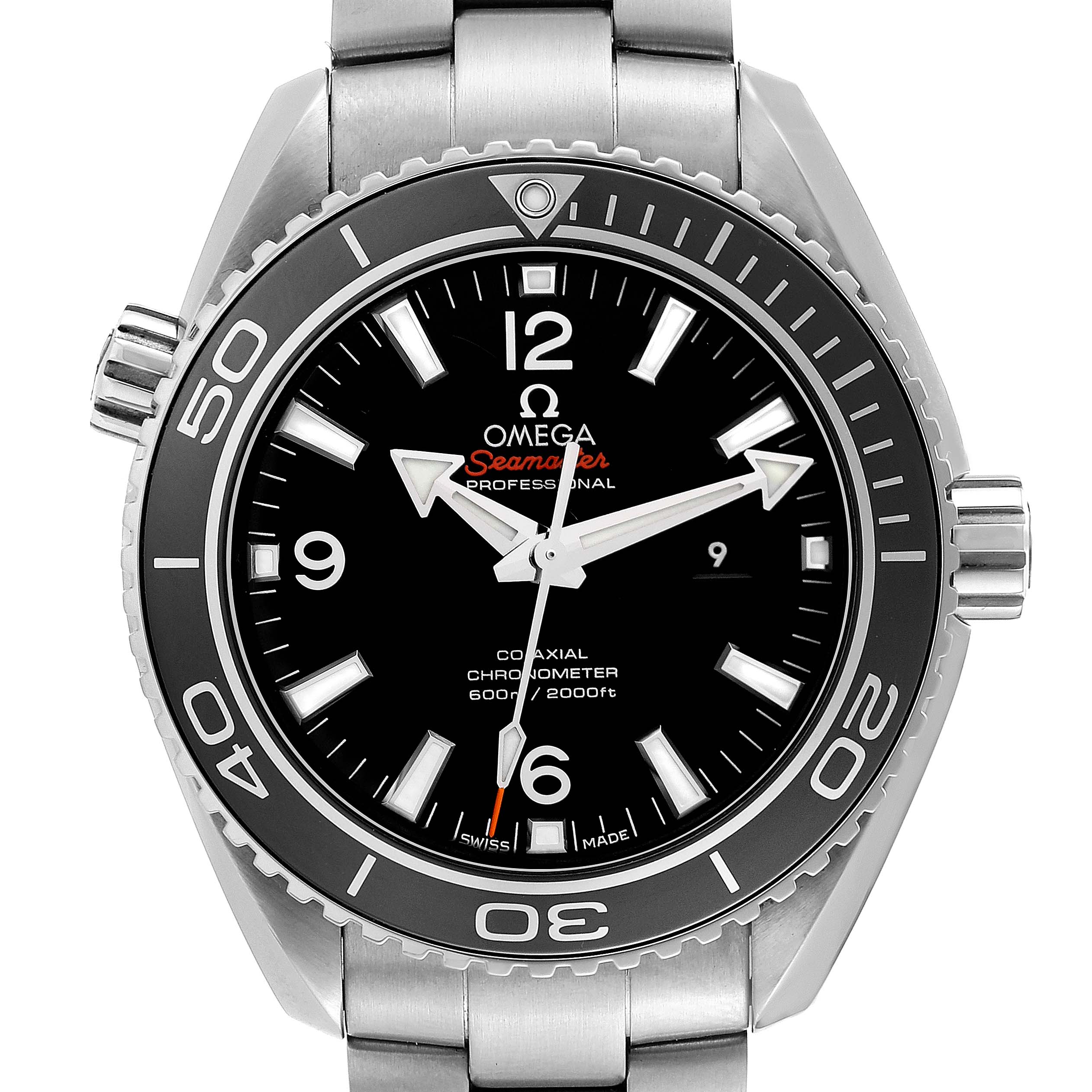 The image shows a frontal view of an Omega Planet Ocean 232.30.38.20.01.001 Men
s Stainless Steel Black Dial 232.30.38.20.01.001 Men
s Stainless Steel Black Dial watch, featuring its dial, bezel, and part of the bracelet.