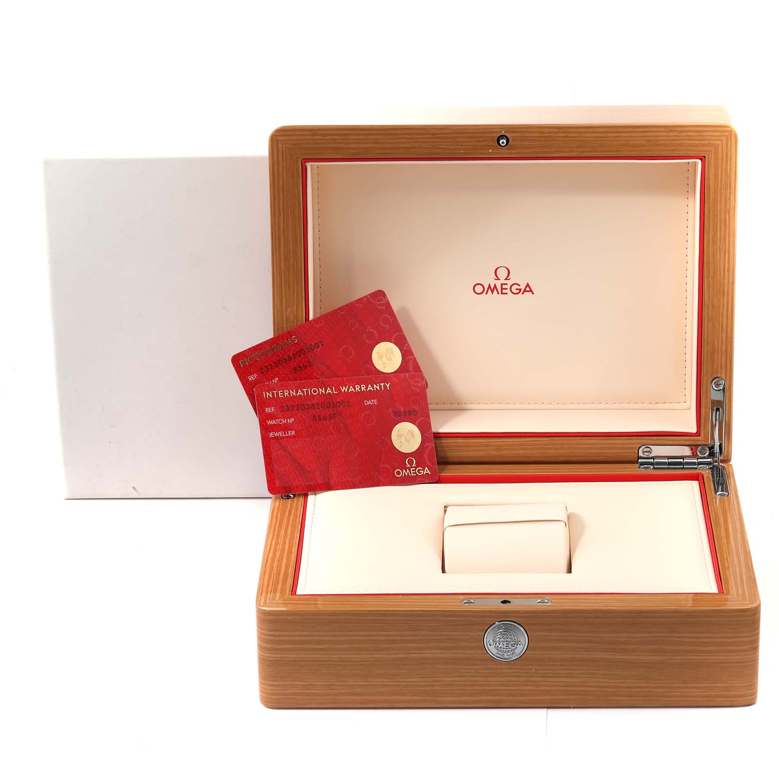 The image shows the packaging, display box, and warranty cards for the Omega Planet Ocean 232.30.38.20.01.001 Men
s Stainless Steel Black Dial 232.30.38.20.01.001 Men
s Stainless Steel Black Dial model watch.