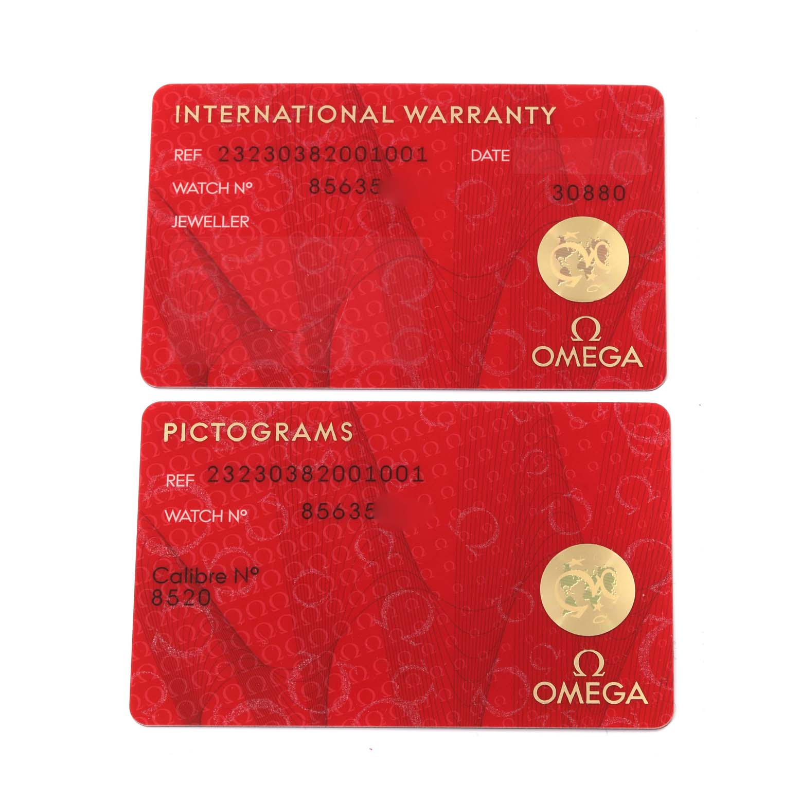 The image shows the warranty and pictogram cards for an Omega Planet Ocean 232.30.38.20.01.001 Men
s Stainless Steel Black Dial 232.30.38.20.01.001 Men
s Stainless Steel Black Dial model.