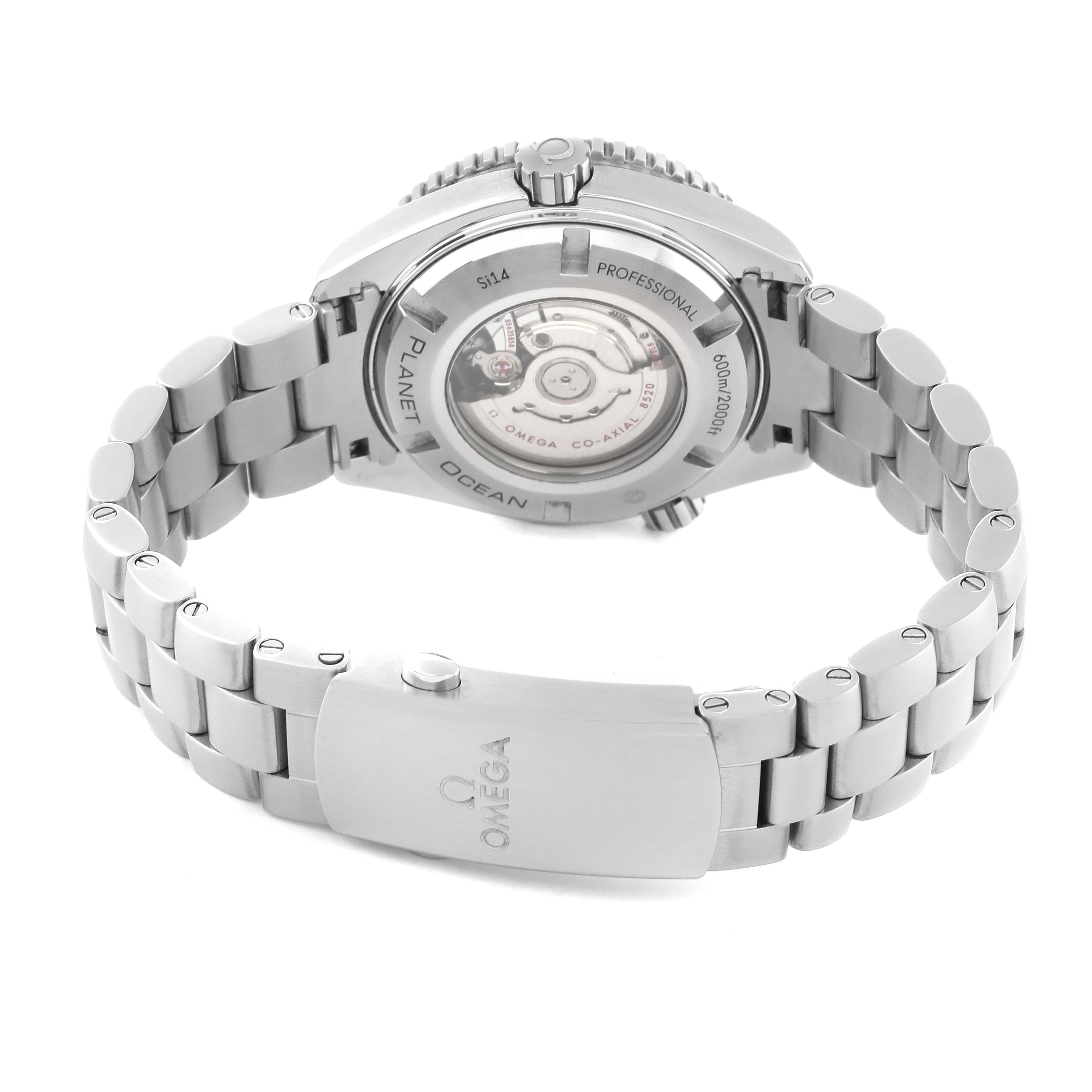 This image shows the back view of the Omega Planet Ocean 232.30.38.20.01.001 Men
s Stainless Steel Black Dial 232.30.38.20.01.001 Men
s Stainless Steel Black Dial watch, highlighting the case back, bracelet, and clasp.