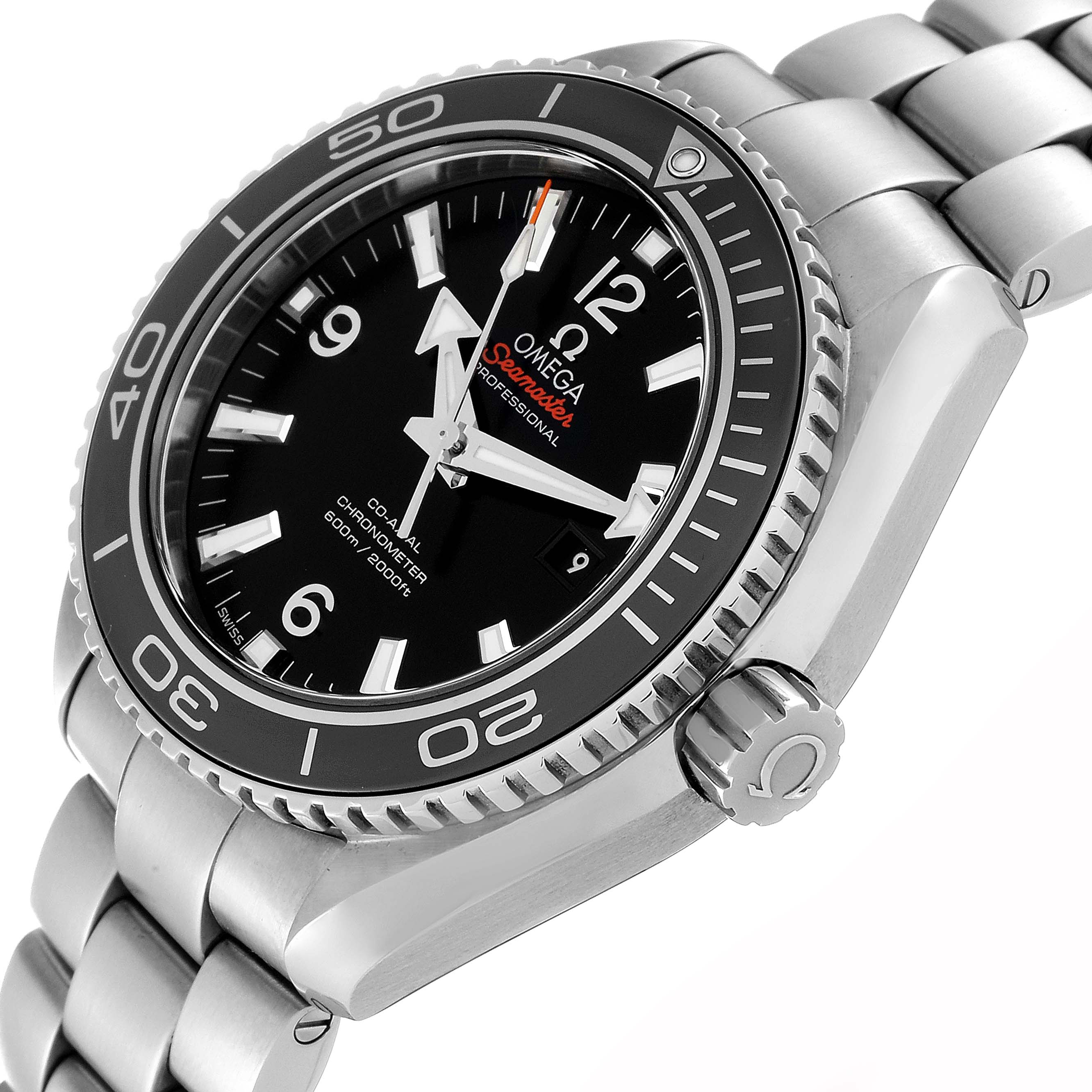 The image shows an angled view of the Omega Planet Ocean 232.30.38.20.01.001 Men
s Stainless Steel Black Dial 232.30.38.20.01.001 Men
s Stainless Steel Black Dial watch, highlighting its dial, bezel, crown, and bracelet.