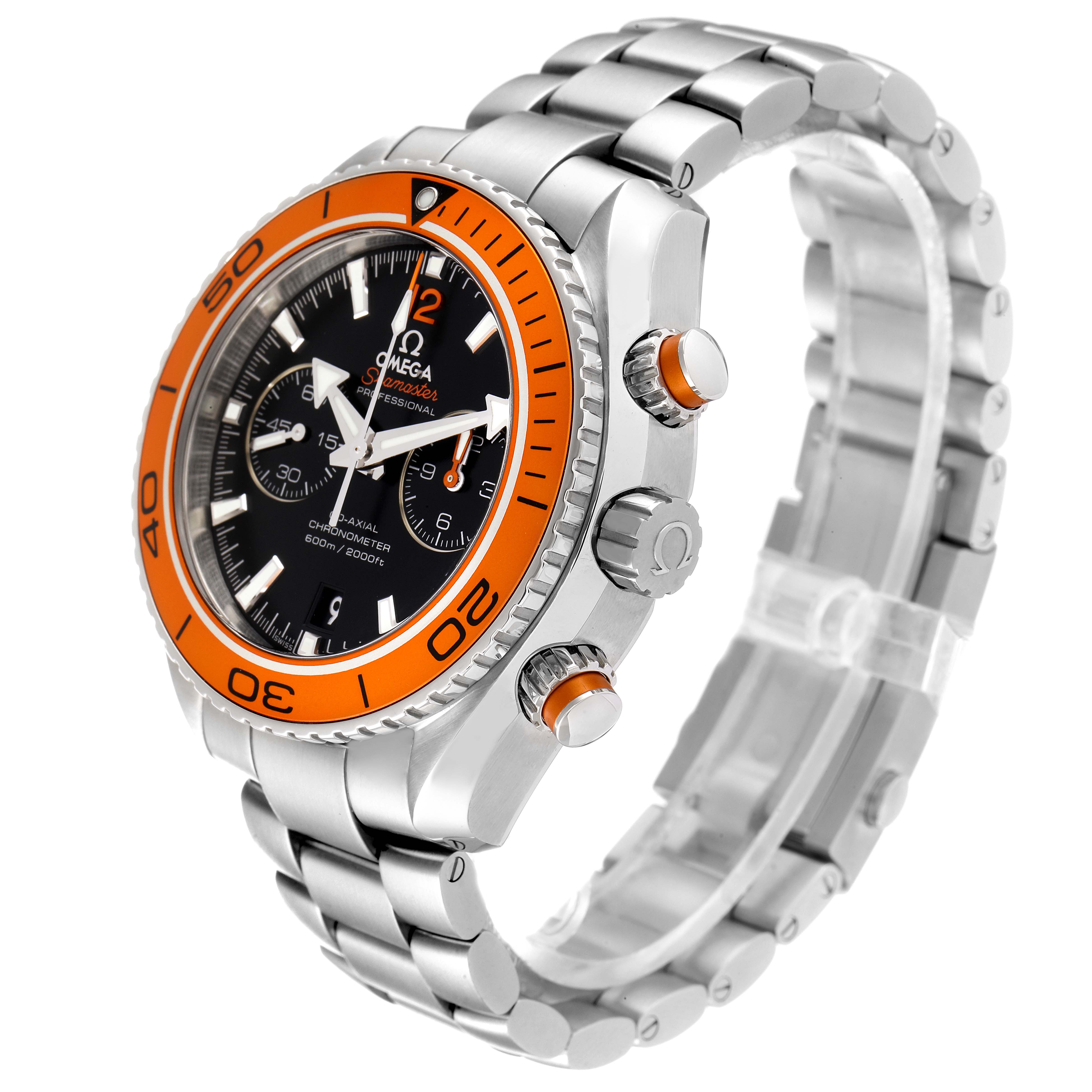 The Omega Planet Ocean 232.30.46.51.01.002 Men
s Stainless Steel Black Dial 232.30.46.51.01.002 Men
s Stainless Steel Black Dial watch is shown from a front-side angle, displaying its dial, bezel, and bracelet.