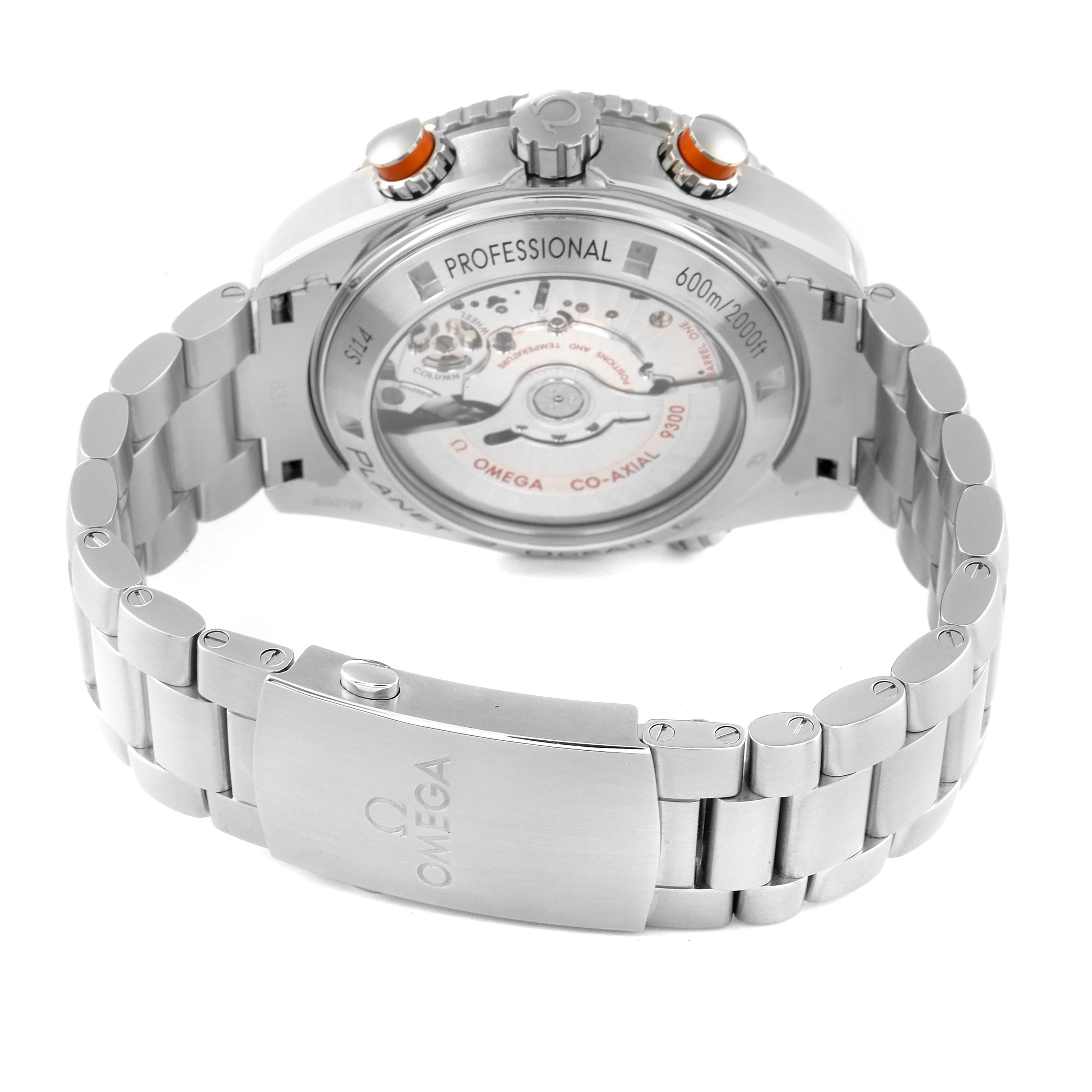 The image shows the back and bracelet of the Omega Planet Ocean 232.30.46.51.01.002 Men
s Stainless Steel Black Dial 232.30.46.51.01.002 Men
s Stainless Steel Black Dial watch, highlighting the movement and clasp.