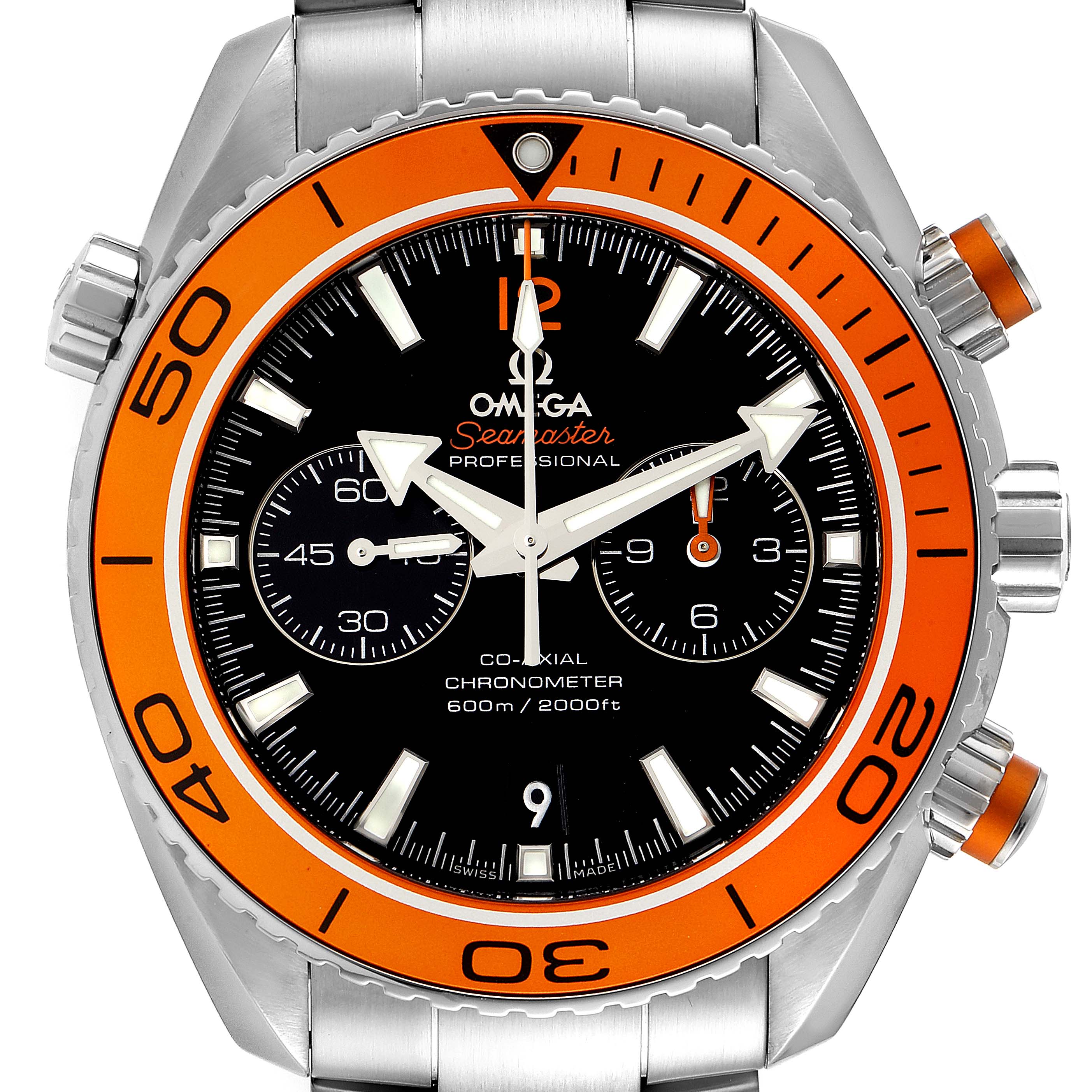 The image shows a front view of the Omega Planet Ocean 232.30.46.51.01.002 Men
s Stainless Steel Black Dial 232.30.46.51.01.002 Men
s Stainless Steel Black Dial watch, highlighting its orange bezel, chronograph, and stainless steel bracelet.