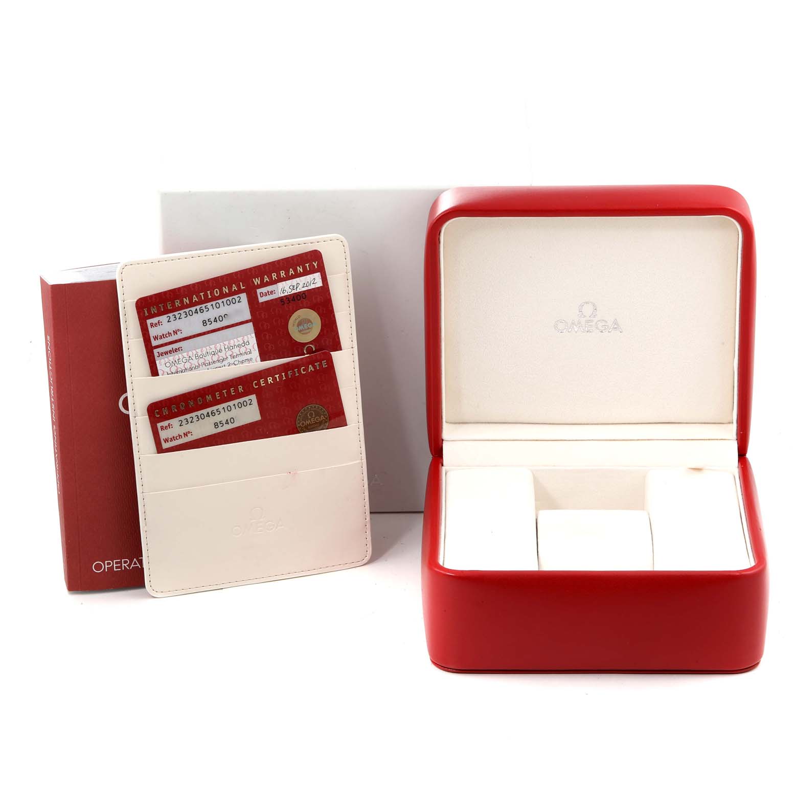 The image shows the Omega Planet Ocean 232.30.46.51.01.002 Men
s Stainless Steel Black Dial 232.30.46.51.01.002 Men
s Stainless Steel Black Dial watch
s accessories, including a red case, warranty cardholder, and certificate.