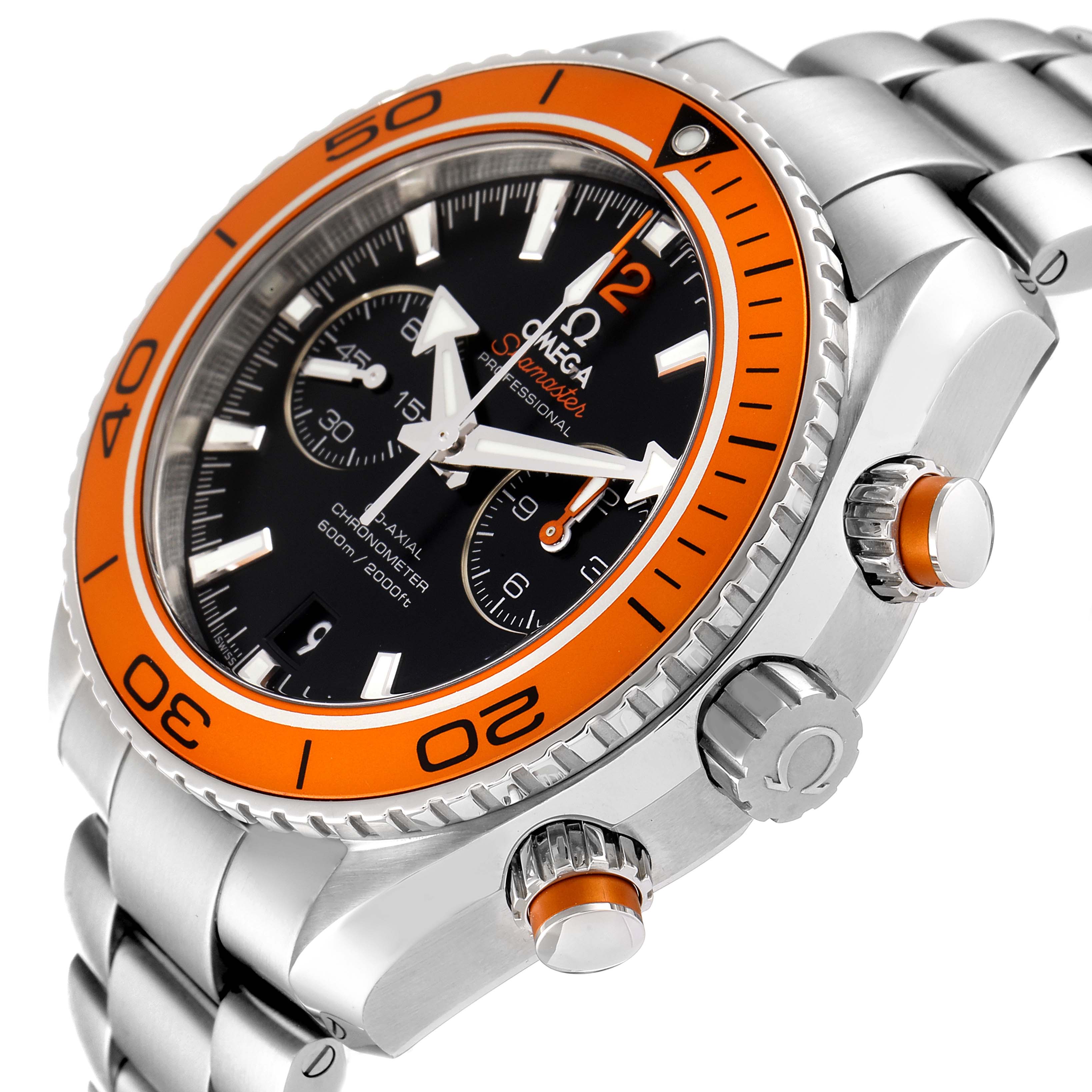 The Omega Planet Ocean 232.30.46.51.01.002 Men
s Stainless Steel Black Dial 232.30.46.51.01.002 Men
s Stainless Steel Black Dial watch is shown at an angle emphasizing the orange bezel, crown, chronograph pushers, dial, and bracelet.