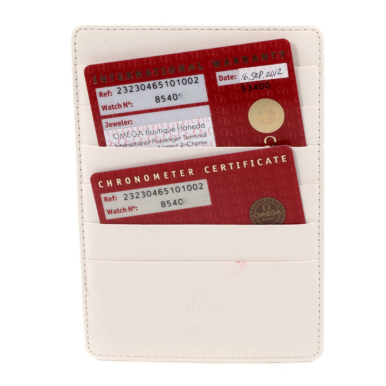 The image shows warranty and chronometer certificate cards for the Omega Planet Ocean 232.30.46.51.01.002 Men
s Stainless Steel Black Dial 232.30.46.51.01.002 Men
s Stainless Steel Black Dial model in a white cardholder.