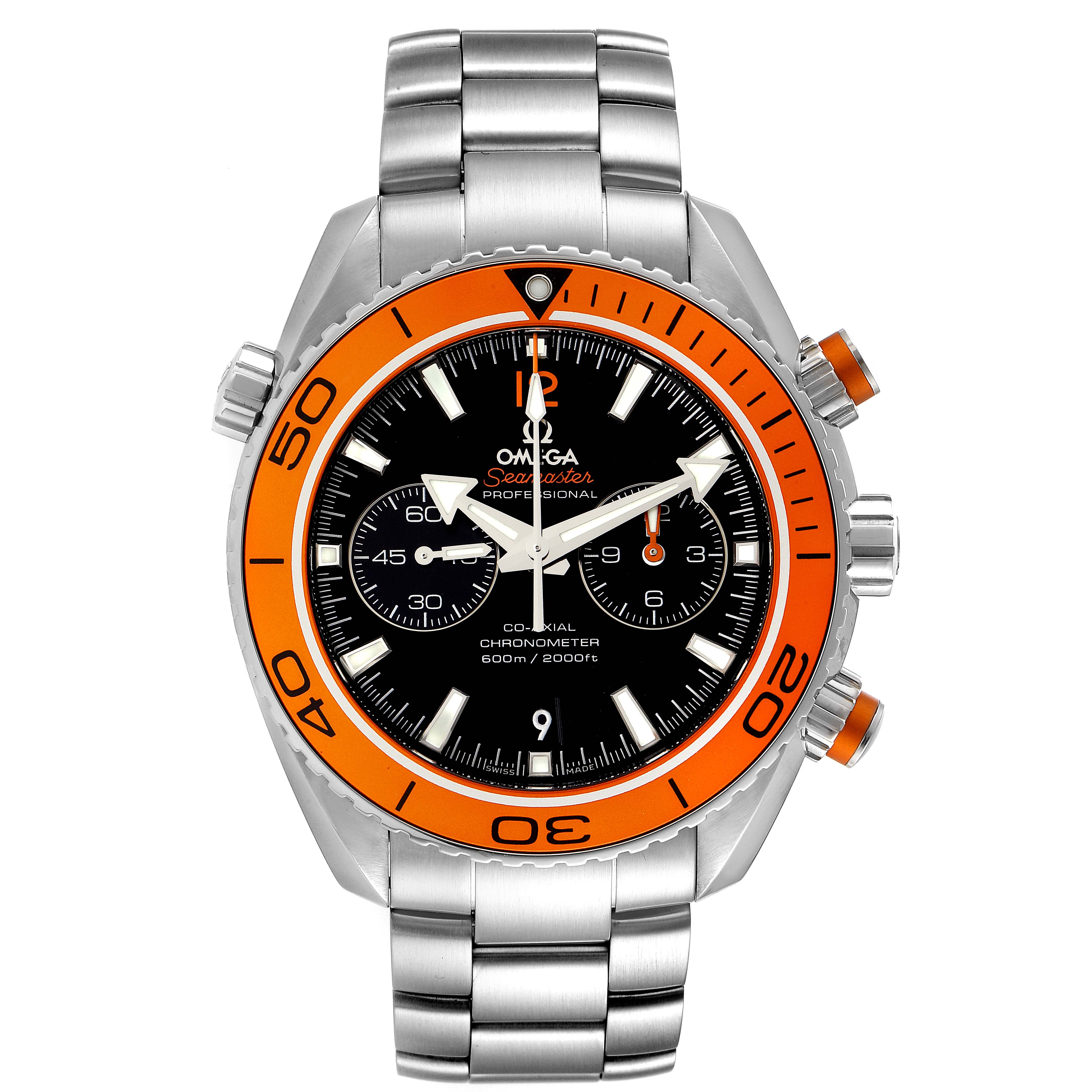 This image shows a front view of the Omega Planet Ocean 232.30.46.51.01.002 Men
s Stainless Steel Black Dial 232.30.46.51.01.002 Men
s Stainless Steel Black Dial watch, displaying its orange bezel, black dial, and stainless steel bracelet.