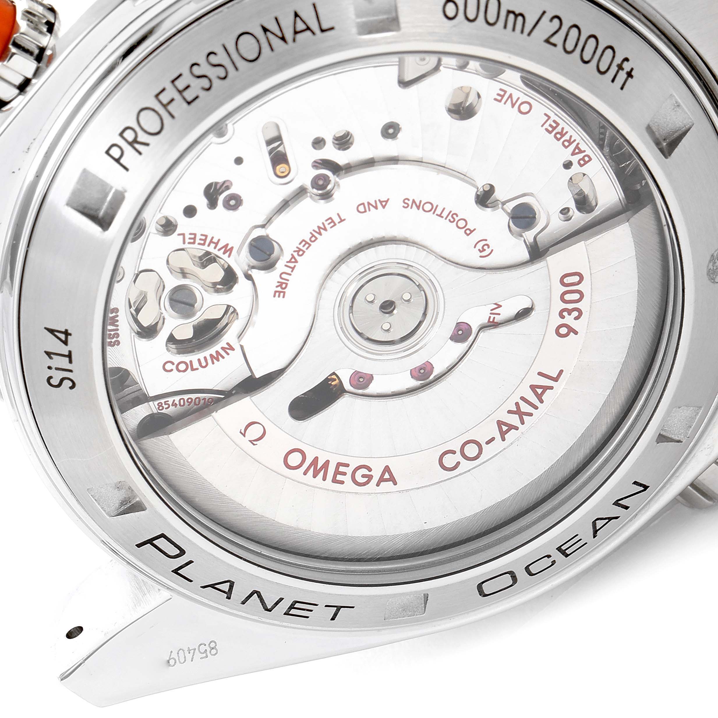 This image shows the Omega Planet Ocean 232.30.46.51.01.002 Men
s Stainless Steel Black Dial 232.30.46.51.01.002 Men
s Stainless Steel Black Dial watch
s transparent case back, revealing its co-axial movement and related inscriptions.