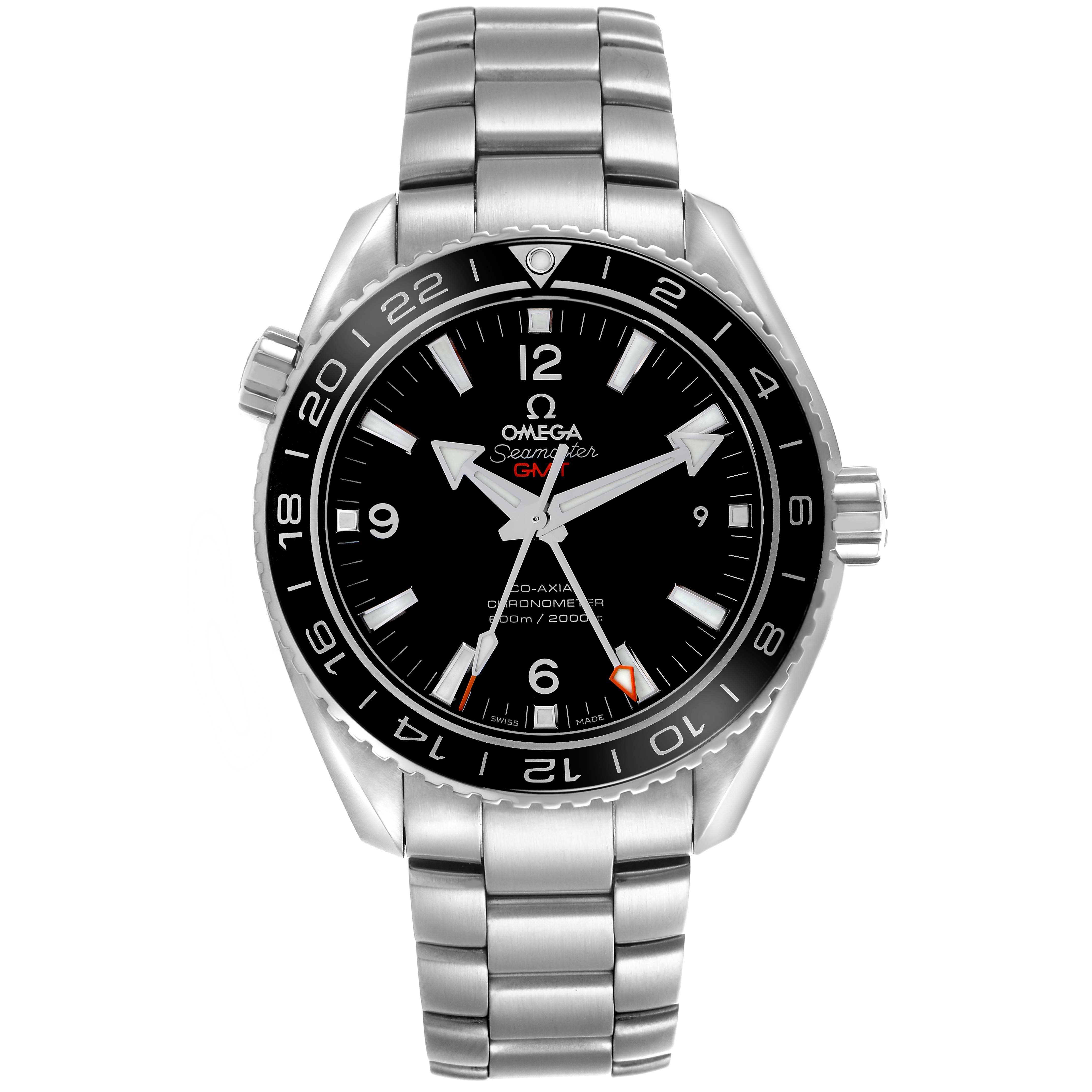 The Omega Planet Ocean 232.30.44.22.01.001 Men
s Stainless Steel Black Dial 232.30.44.22.01.001 Men
s Stainless Steel Black Dial watch is shown from a front view, displaying the dial, bezel, and metal bracelet.