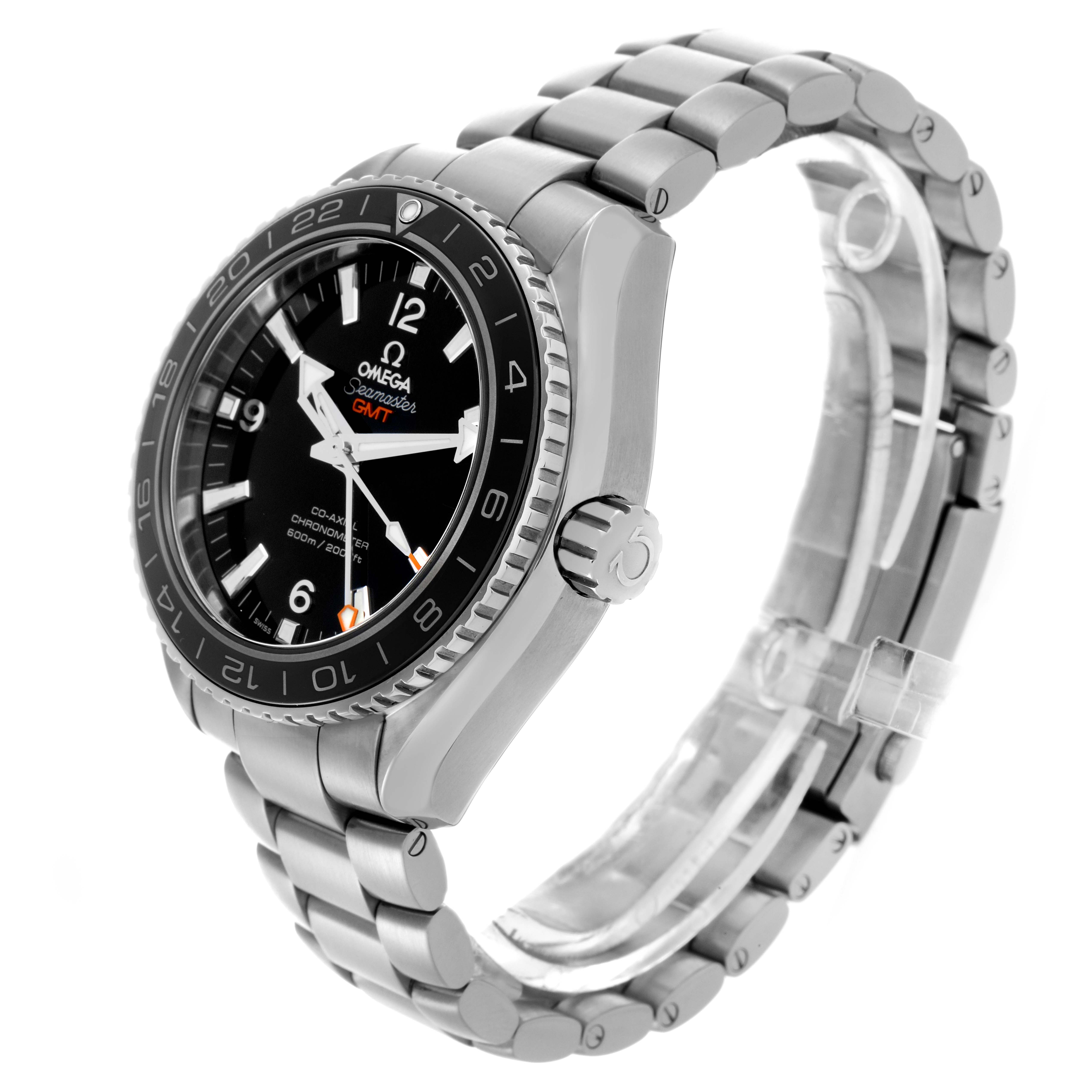 The Omega Planet Ocean 232.30.44.22.01.001 Men
s Stainless Steel Black Dial 232.30.44.22.01.001 Men
s Stainless Steel Black Dial watch is shown at a three-quarter angle, highlighting the bezel, face, crown, and bracelet.