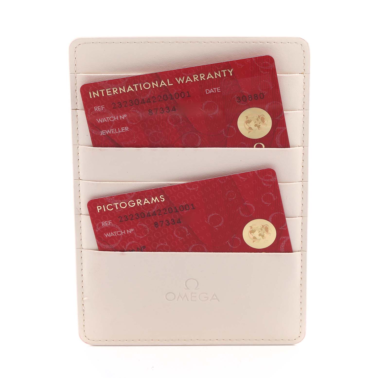 The image shows Omega Planet Ocean 232.30.44.22.01.001 Men
s Stainless Steel Black Dial 232.30.44.22.01.001 Men
s Stainless Steel Black Dial warranty and pictogram cards in a cream cardholder.