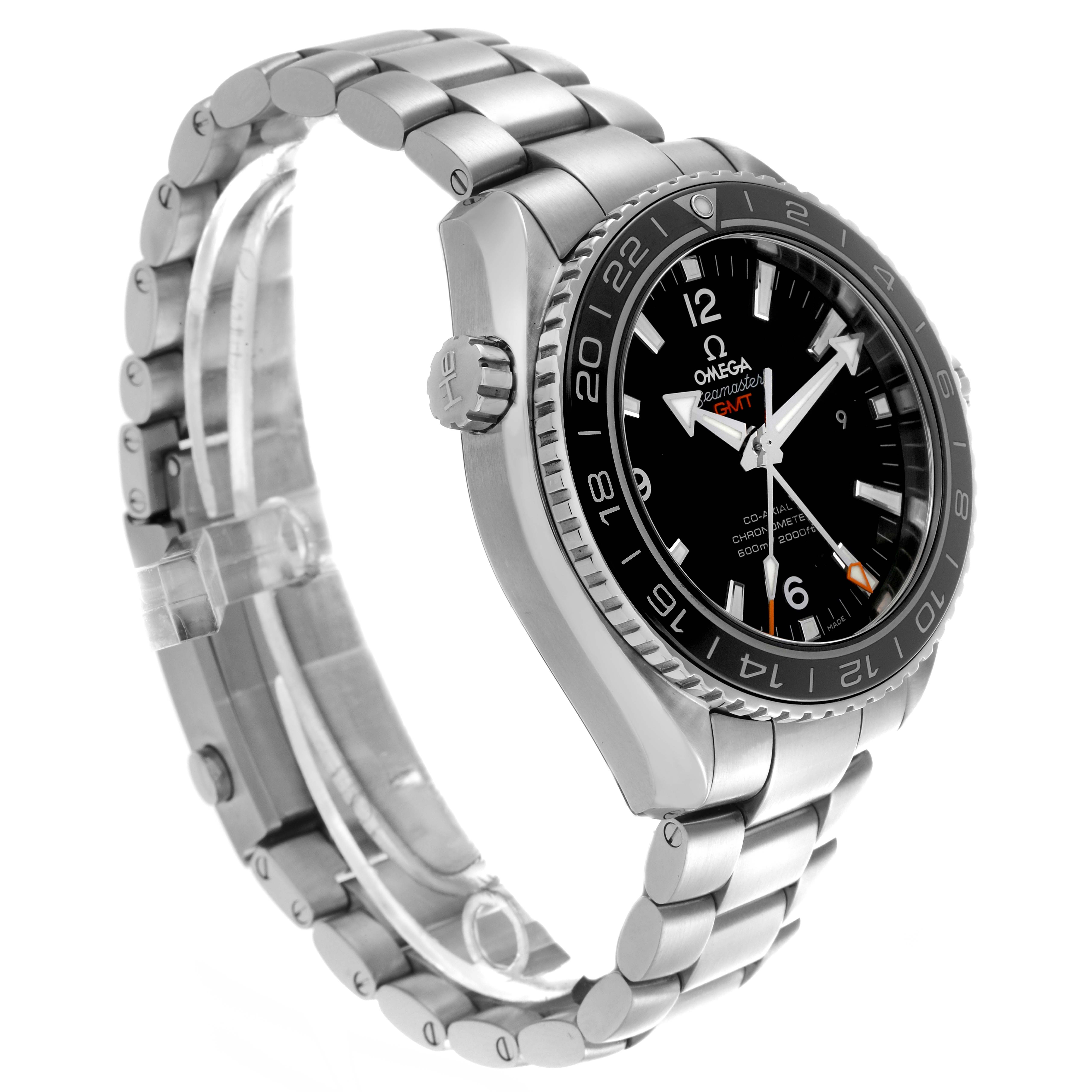 The Omega Planet Ocean 232.30.44.22.01.001 Men
s Stainless Steel Black Dial 232.30.44.22.01.001 Men
s Stainless Steel Black Dial watch is shown at a three-quarter angle, highlighting the bezel, crown, and metal bracelet.