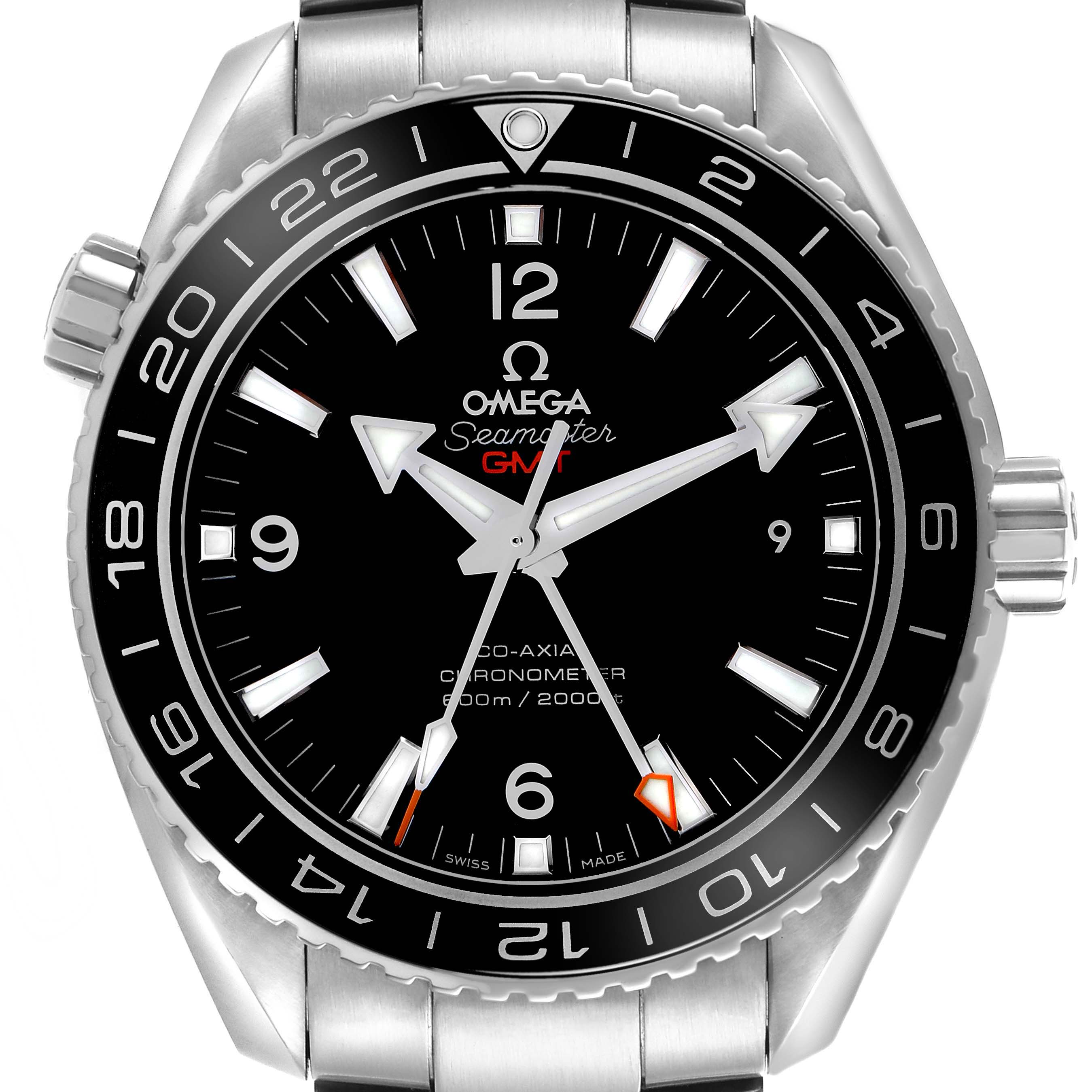 The Omega Planet Ocean 232.30.44.22.01.001 Men
s Stainless Steel Black Dial 232.30.44.22.01.001 Men
s Stainless Steel Black Dial watch is shown from a top-down angle, displaying the full face, bezel, and part of the bracelet.