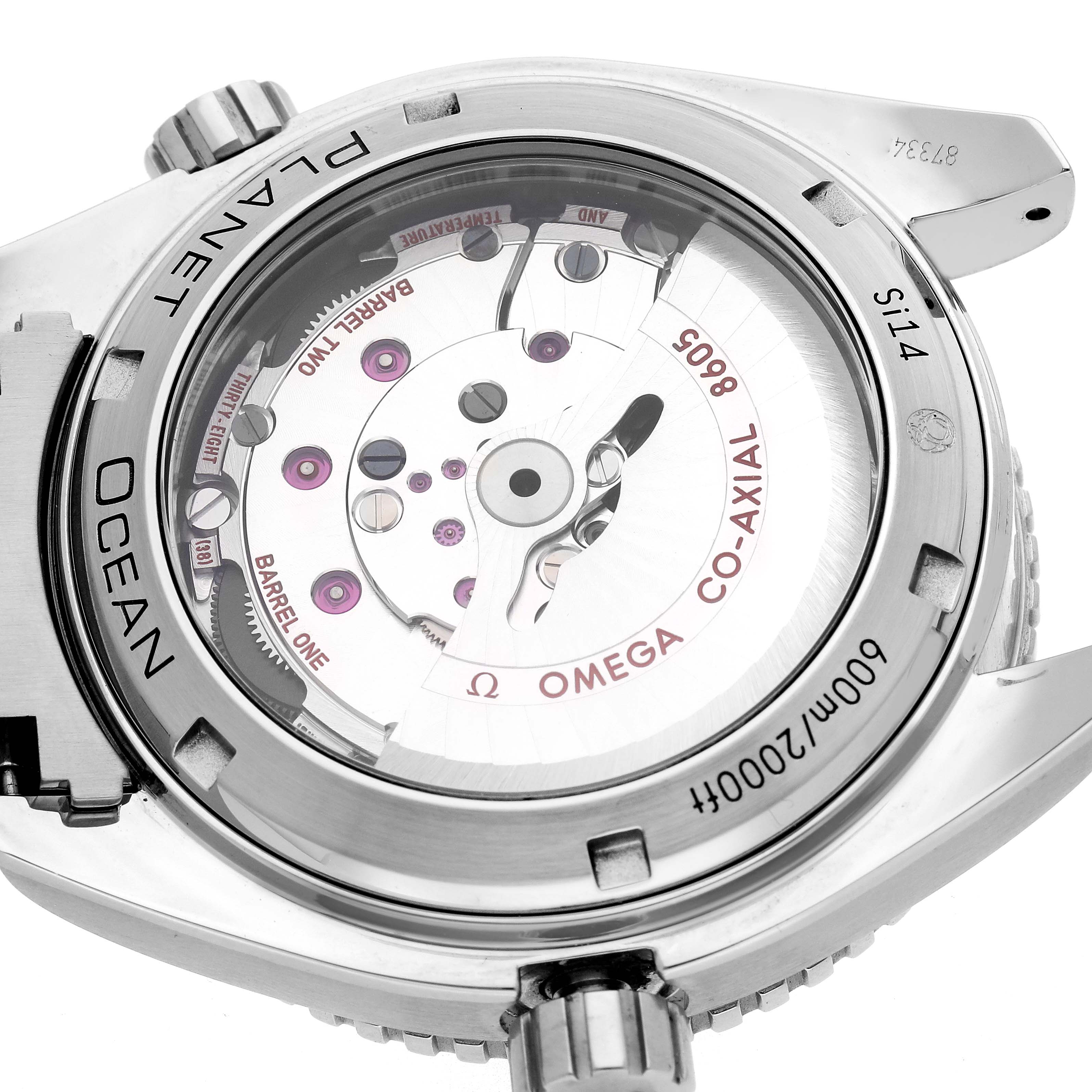 The image shows the back angle of the Omega Planet Ocean 232.30.44.22.01.001 Men
s Stainless Steel Black Dial 232.30.44.22.01.001 Men
s Stainless Steel Black Dial watch, revealing its Co-Axial 8800 movement through the transparent case back.