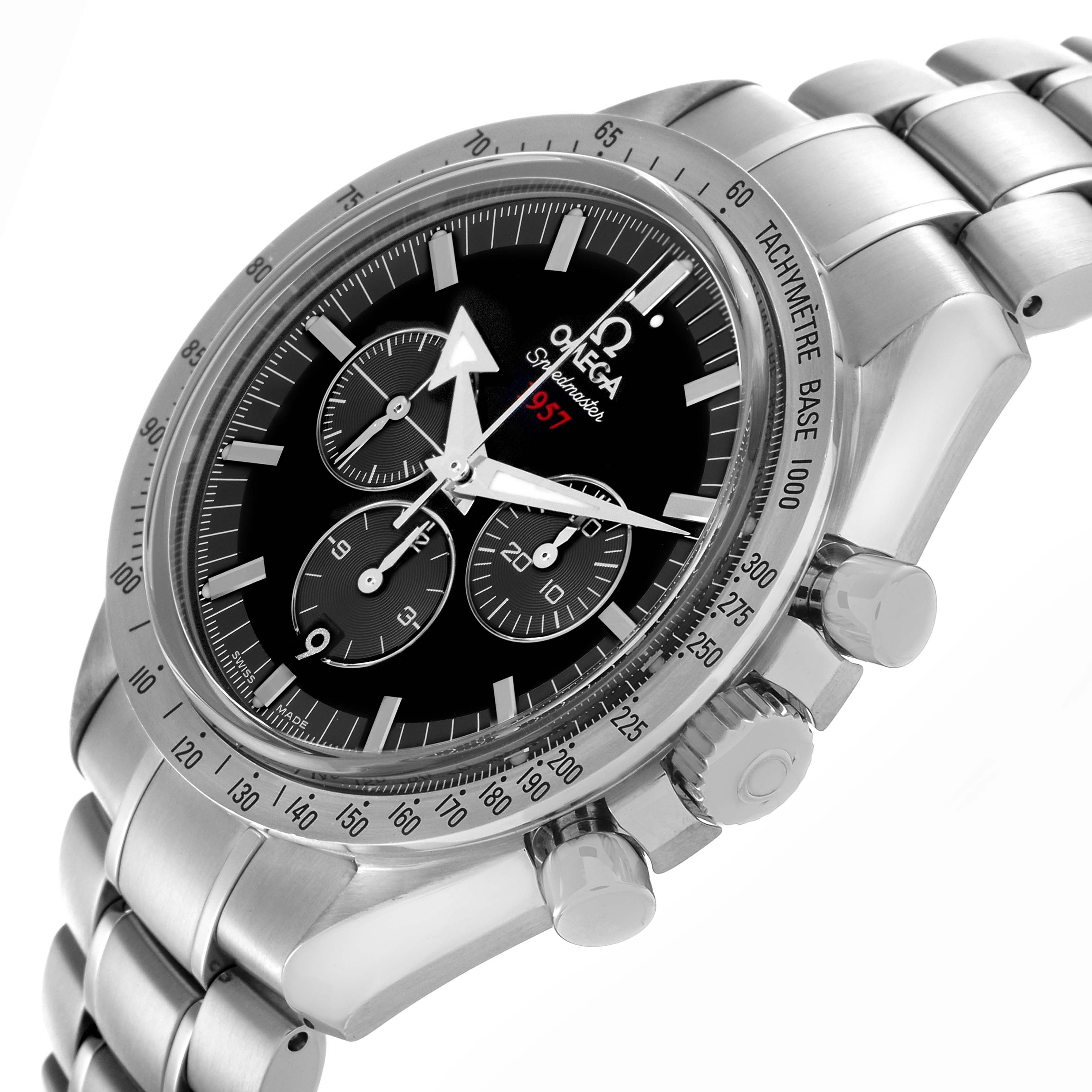 The Omega Speedmaster 321.10.42.50.01.001 Men's Stainless Steel Black Dial 321.10.42.50.01.001 Men's Stainless Steel Black Dial is shown at a three-quarter angle, displaying the tachymeter bezel, chronograph dials, and bracelet.