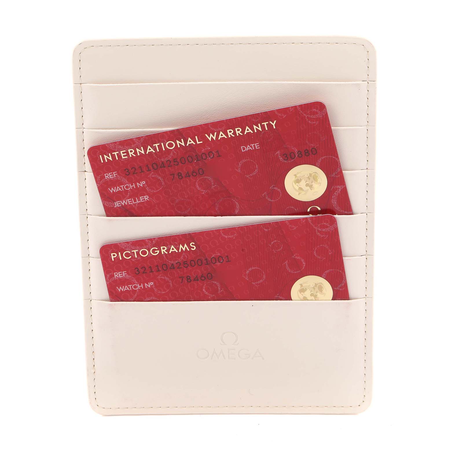 The image shows Omega Speedmaster 321.10.42.50.01.001 Men's Stainless Steel Black Dial 321.10.42.50.01.001 Men's Stainless Steel Black Dial watch accessories, specifically warranty and pictogram cards in a cardholder.