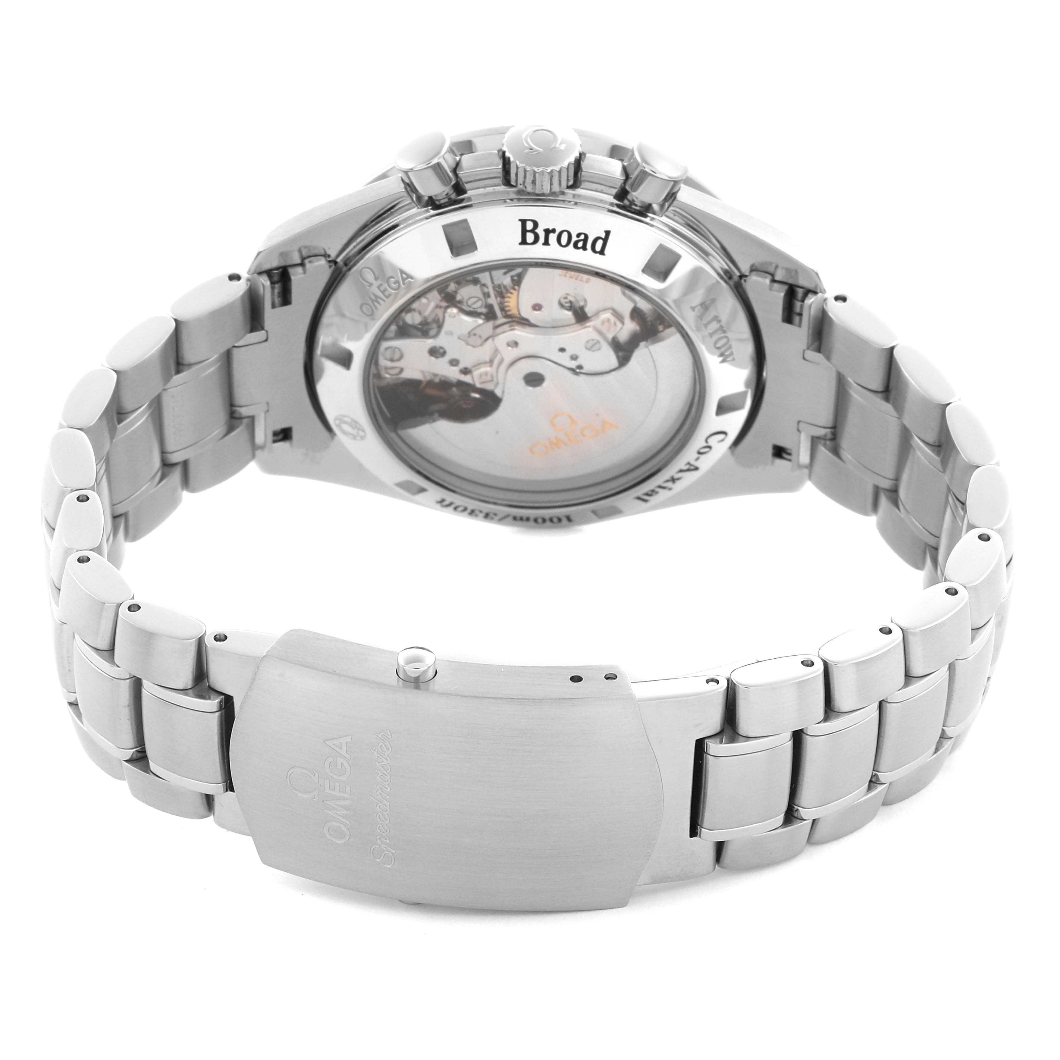 The image shows the back view of an Omega Speedmaster 321.10.42.50.01.001 Men's Stainless Steel Black Dial 321.10.42.50.01.001 Men's Stainless Steel Black Dial, highlighting its bracelet and transparent case back.