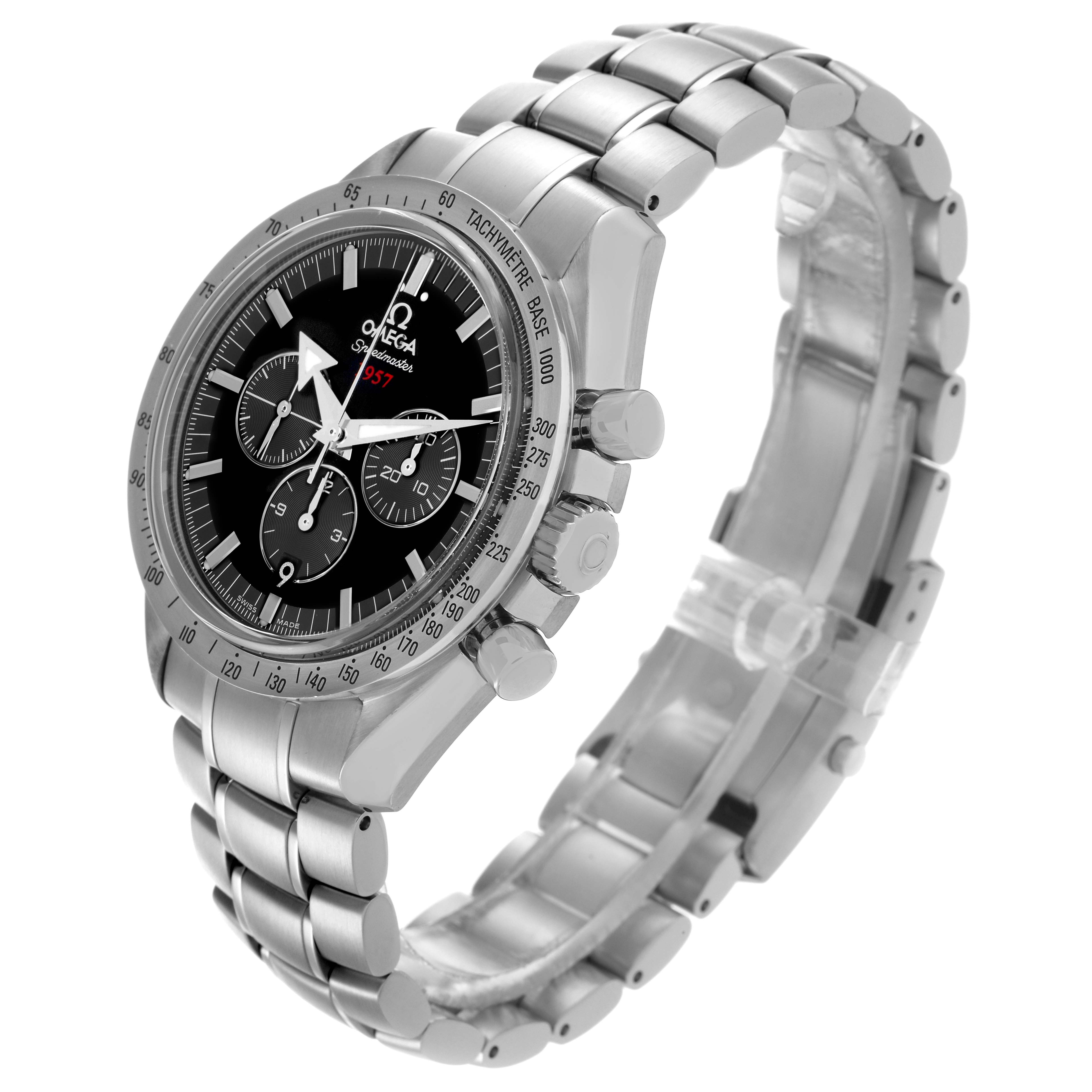 The Omega Speedmaster 321.10.42.50.01.001 Men's Stainless Steel Black Dial 321.10.42.50.01.001 Men's Stainless Steel Black Dial watch is shown at a three-quarter angle, displaying the face, chronograph dials, bezel, and bracelet.