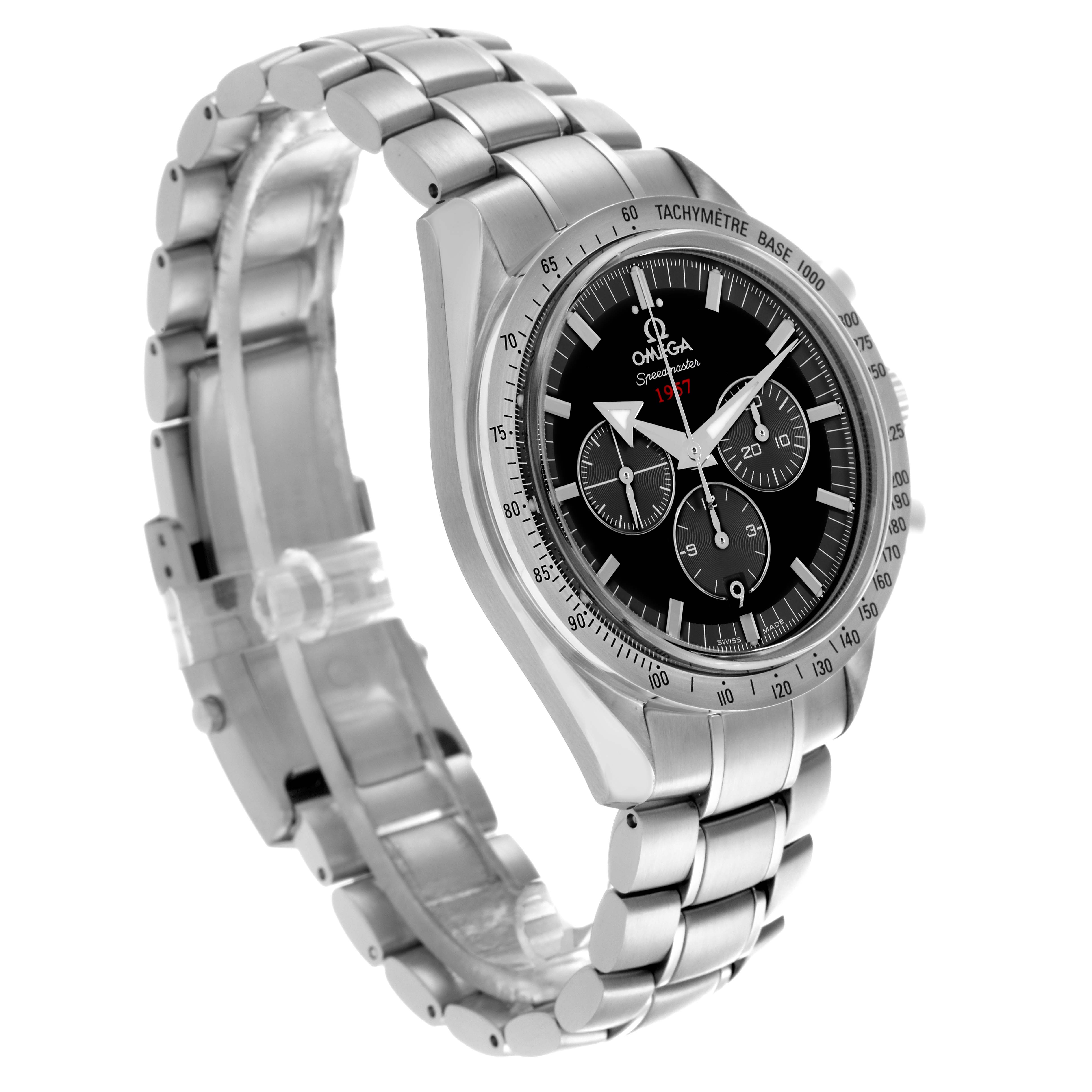 The image shows the Omega Speedmaster 321.10.42.50.01.001 Men's Stainless Steel Black Dial 321.10.42.50.01.001 Men's Stainless Steel Black Dial watch from a side angle, highlighting its stainless steel bracelet and tachymeter bezel.