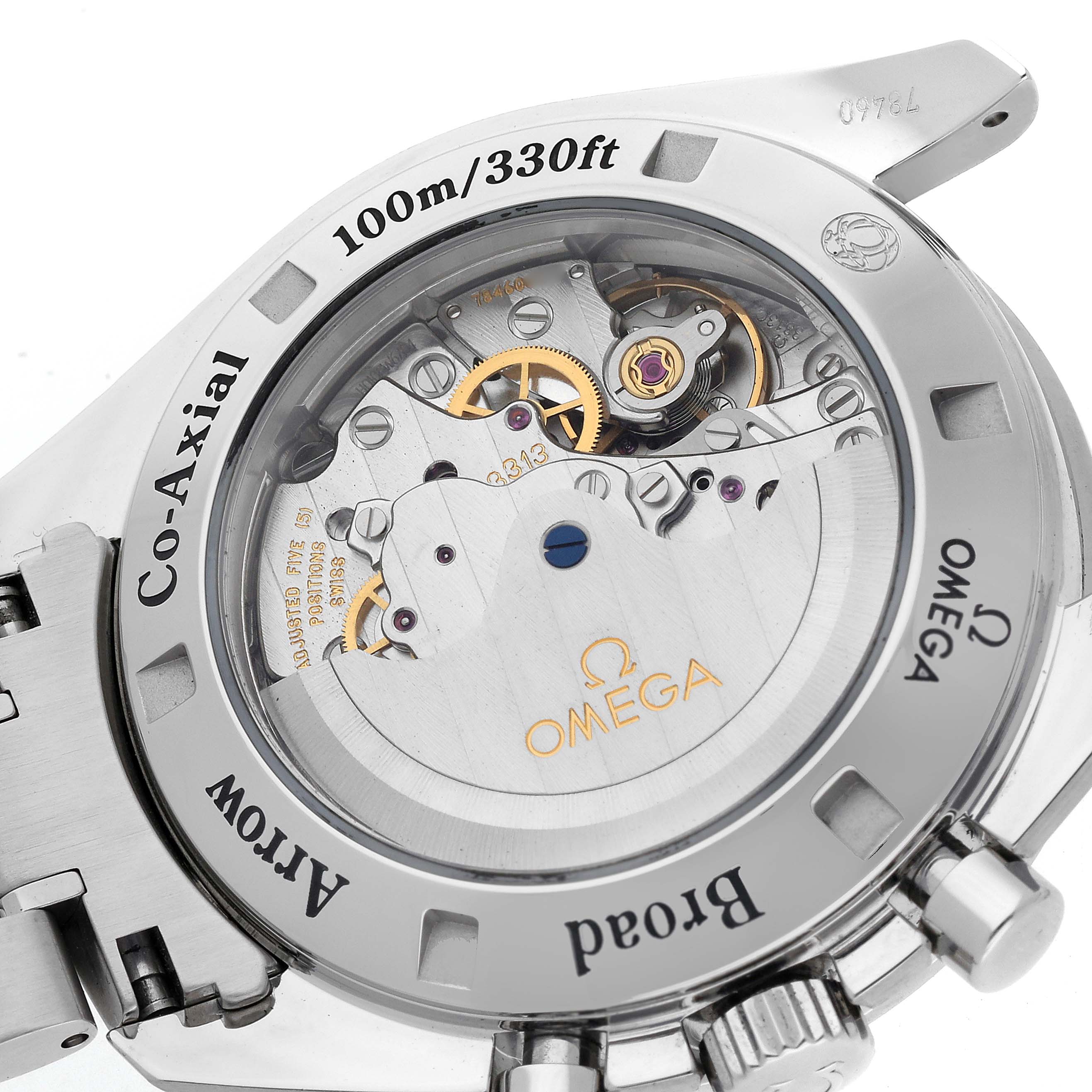 The Omega Speedmaster 321.10.42.50.01.001 Men's Stainless Steel Black Dial 321.10.42.50.01.001 Men's Stainless Steel Black Dial is shown from the back, displaying its transparent case back and visible mechanical movement.